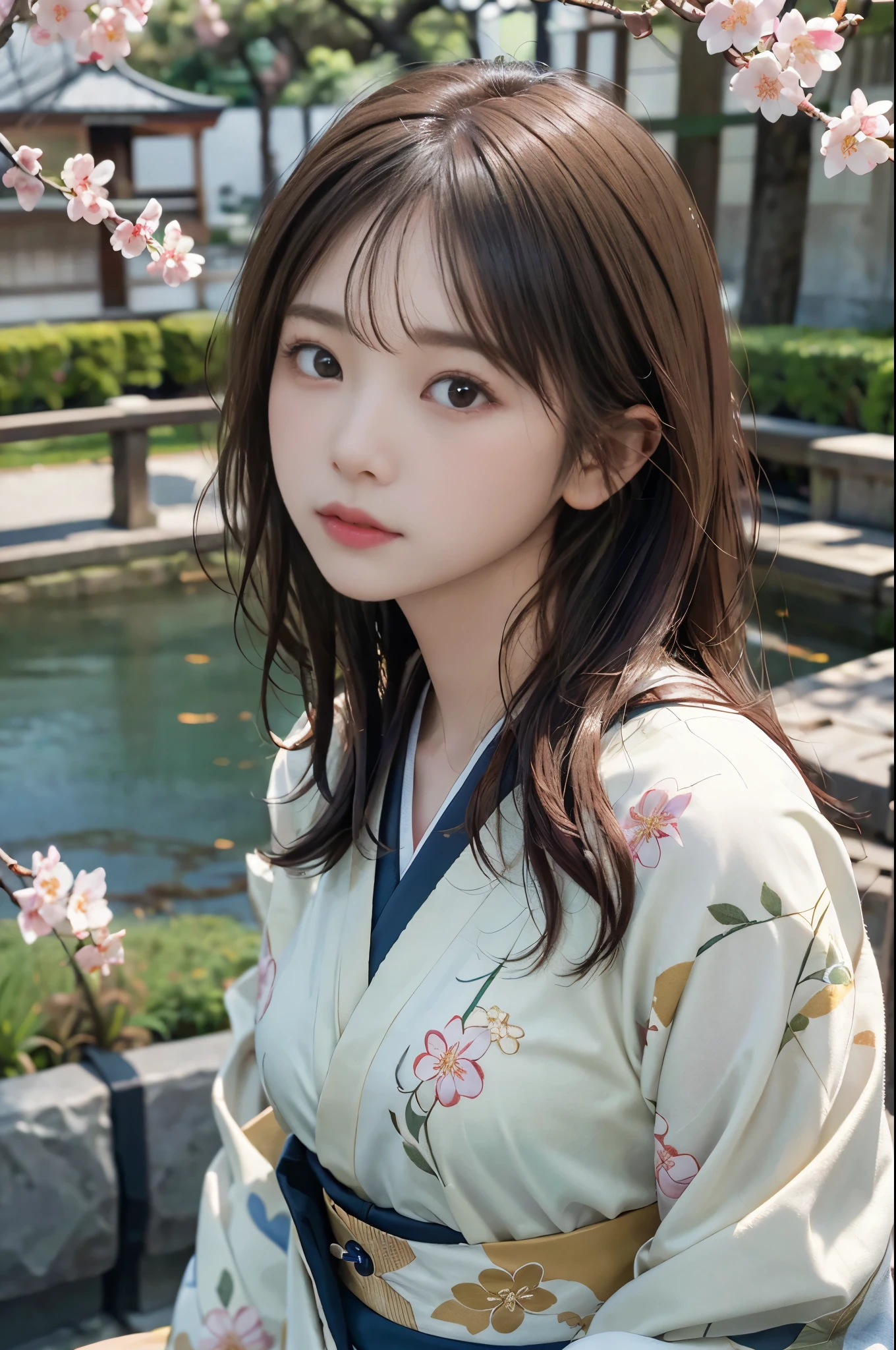 ((masterpiece,best quality 1.4)), (8k,RAW photo:1.2), (realistic,photo realistic:1.4), ultra high resolution , (Highly detailed 8k wallpaper) ,japanese idol, Japanese actress, Japanese, very cute, Big eyes, highly detailed eyes and face, Beautiful eyes in every detail,shiny skin,portrait,(medium hair and straight hair :1.3), professional lighting, sharp focus, Depth of written boundary , (dynamic angle:1.4 ). blur background, Bokeh, (Kimono with gorgeous pattern) ：A peaceful Japanese garden in spring, It is characterized by cobblestone streets that wind through moss-covered ground., Cherry blossoms bloom overhead、A traditional tea room can be seen in the distance.
