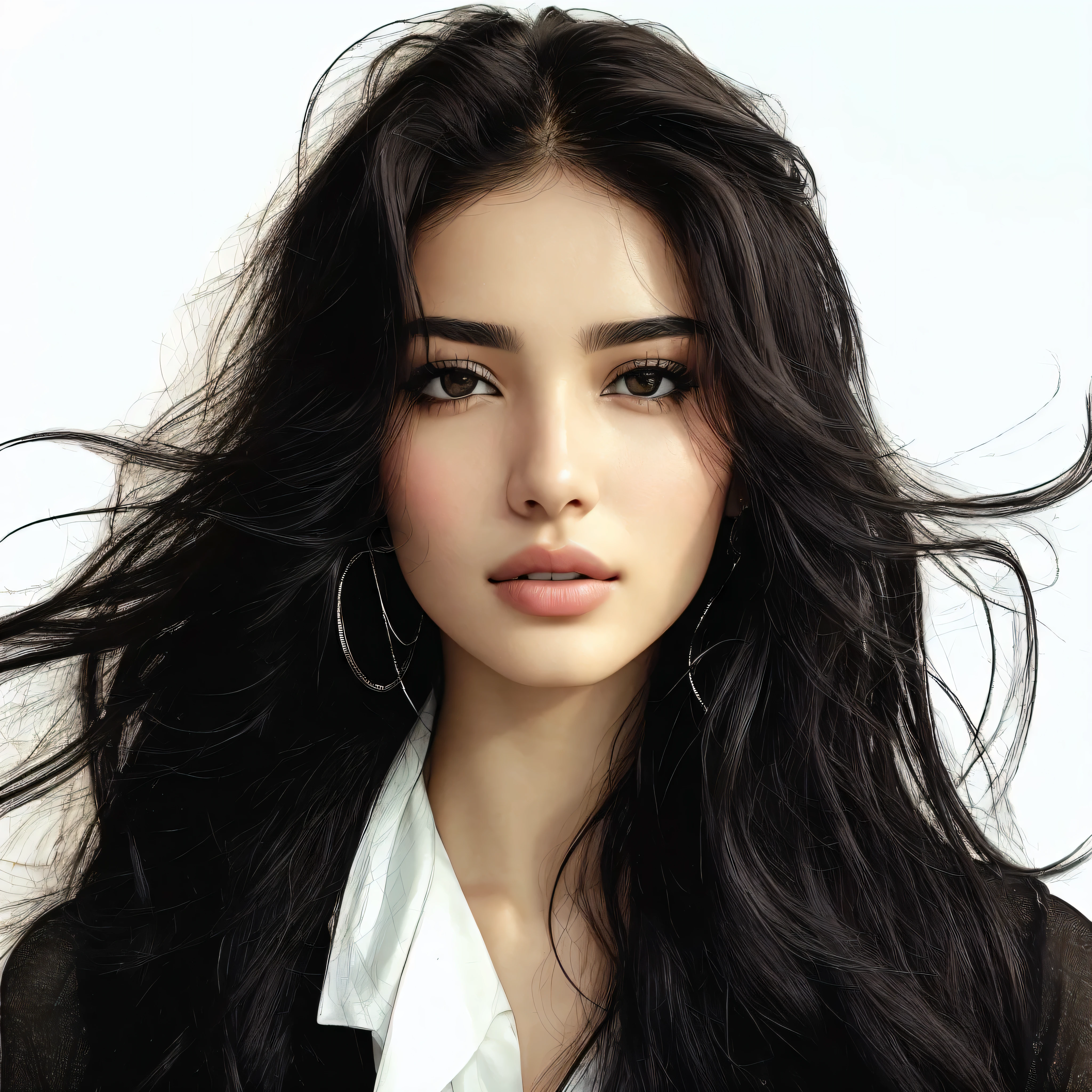 portrait of a girl with a characteristic bold look, Her black hair, framing her face, brown eyes sparkle brightly, Small spout, adding unique tenderness, and beautiful, full lips emphasize her sensuality. She looks like an Instagram model, radiating confidence in one thing'behavior. Capture the boldness and confidence in her gaze, inviting viewers to feel her charm and charisma. Consider the lighting, to highlight the contours of the face and give a special shine to the eyes.."