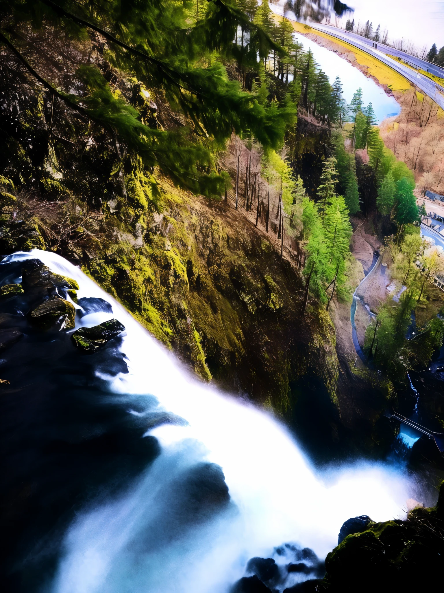 Top of Multnomah Falls in Columbia River Gorge, Oregon, there is a waterfall that is flowing down a hill next to a forest, waterfall below, exposure 1/40secs, waterfalls and lakes, cascade, shot from a drone, lakes and waterfalls, next to a waterfall, water falls, looking down a cliff, shot from drone, shot from above, forest and waterfall, wide angle shot from above, waterfalls in the background