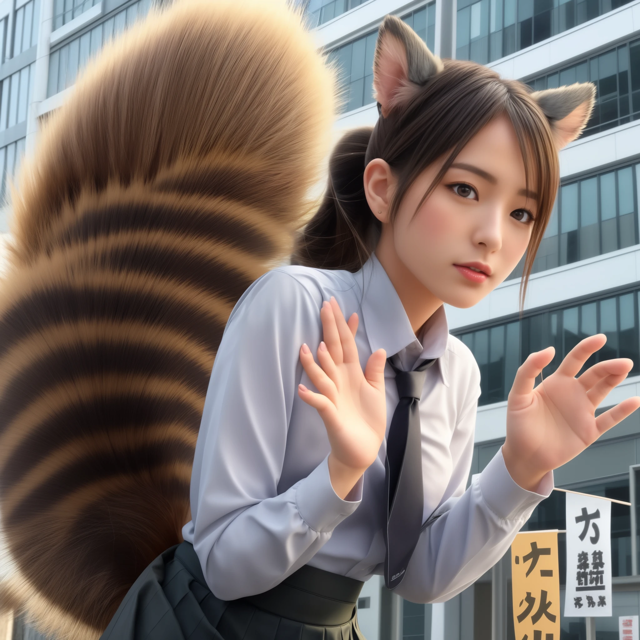 women with a tanuki tail, (software) safe for work, fur with tail, software version, colleague, realistic style, , realistic style , beautiful girl, photograph, 最high quality, (Her skirt is flipped up and her tail is visible.:1.8) ,Reality, small breasts, slender, white panties,tail from above panties, tail from inside the skirt, bushy tail, realistic tail, flat chest, (software) safe for work, nffsw, retina, muste piece, Accurate, anatomically correct, super detail, advanced details, high quality, 最high quality, High resolution, 1080p, 4k, 8K, The tail is sticking out from inside the skirt, long tail, be surprised to see the tail, eight-headed body, small face, blush, Red cheeks