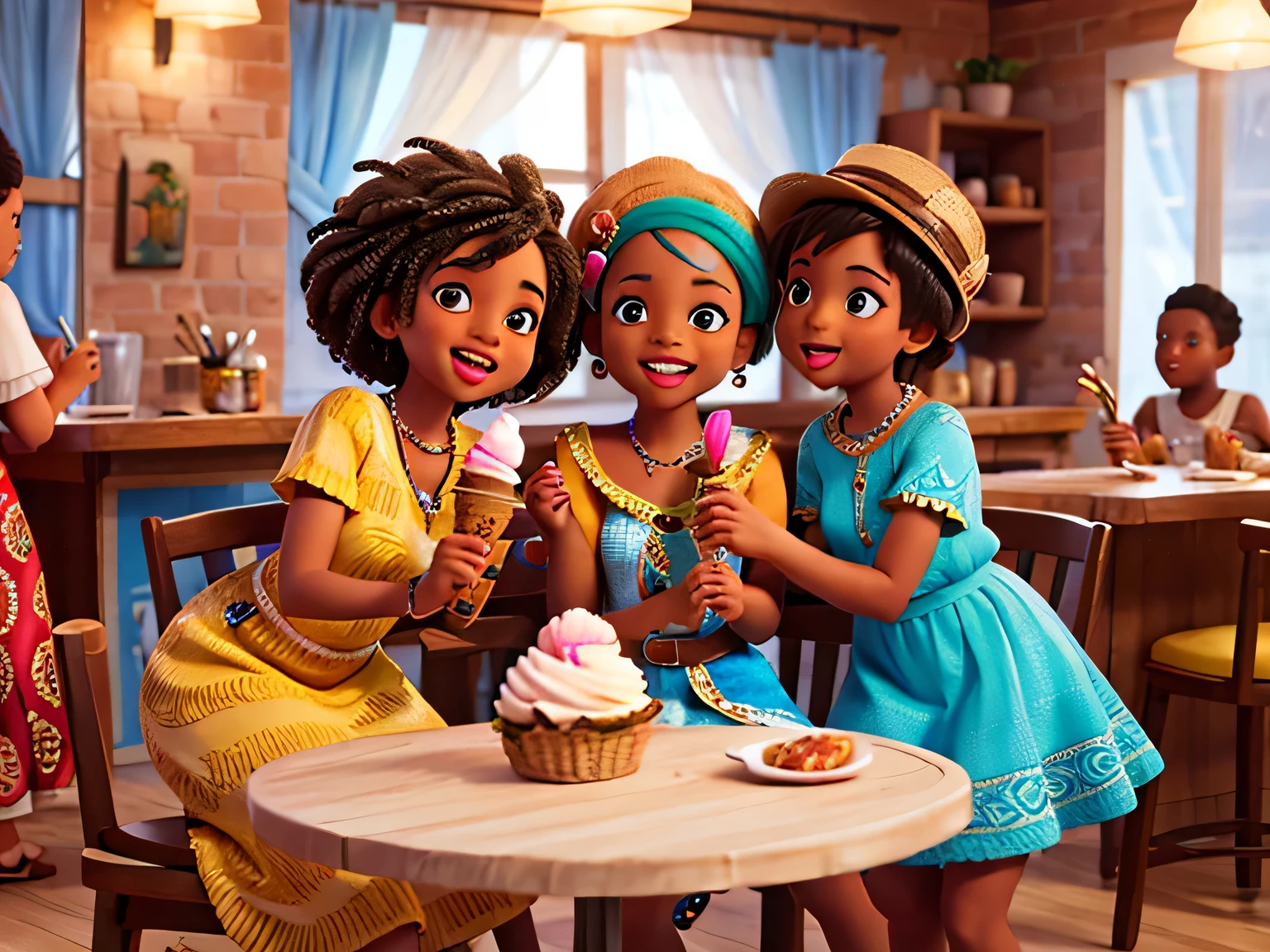 African american fashion family illustration enjoying ice cream in a lively atmosphere. (best quality,highres),vibrant colors,HDR,studio lighting,capturing every detail,expressive eyes,beautifully designed outfits,carefully crafted textures,immersive atmosphere,joyful bonding moments,tasteful inclusion of cultural elements,festive vibes and lively expressions.
