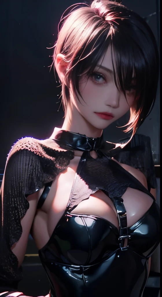 (sharp focus: 1.5), (sharp focus:1.2), photograph, attractive young woman, (beautiful face:1.1), fine eyes, luscious lips, (natural makeup:0.85), (medium breasts:1.0), ( body:1.2), Wearing long-sleeved lace fabric、(leather pants、shirt:1.2) in (night club:1.2). (moody lighting:1.2), Depth of the bounds written, Bokeh, 4k,  (cinematic Digital Artwork: 1.3), high quality, table top, 最high qualityの, Super detailed, figure, [4k Digital Art]、(moody lighting:1.2), Depth of the bounds written, Bokeh, 4k,  artist: master piece, 最high quality, thin cheeks, fascinating face、 Realistic pores of the body, (目は青灰色inす: 0.8), soft volume light, (Backlight: 1.3), (cinematic: 1.3), intricate details, (art station: 1.3), Portrait,(反射in輝く肌:1.1)、(Wet)、uv blacklight lighting、photographn mapping、Physically based rendering、 1 girl、Perfect body、