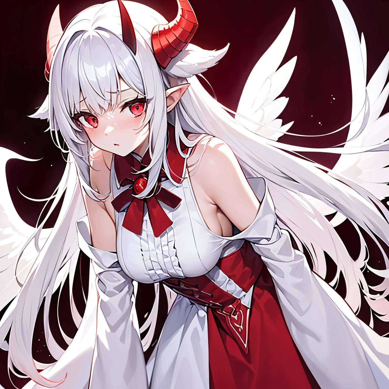 Girl angel Seraphim with scarlet wings, low, dressed in a white large dress covering the entire body with red eyes, white hair, white skin and freckles, large breasts and small horns 
