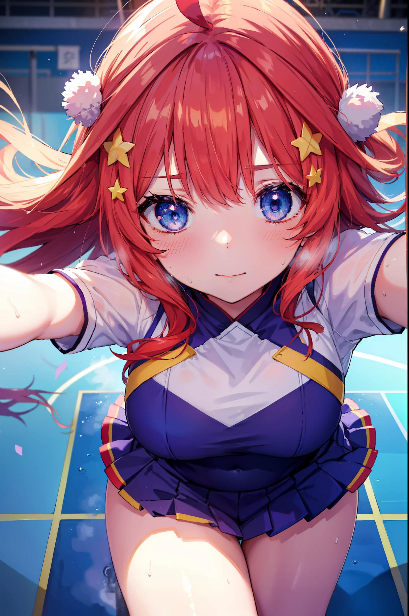 itsukinakano, Itsuki Nakano, bangs, blue eyes, hair between eyes, Ahoge, redhead, star \(symbol\), hair ornaments, star hair ornaments,
pom pomー両手で掴んでいる, Shyness,(Very delicate eyes), (Cheerleader), (whole body), lower, (sweaty), sweaty Wet Clothes, (purple clothes), , navel support, playground, (jump), (jump), 足を曲げてjumpする, air, blue sky, Grass原, smile,Cheerleader, pom pom \(Cheerleader\), Grass, look at the audience,　　　　　　　　　　　　　　　　　　　break outdoor ,arena,playground ,　　　　　　　　break looking at viewer, 　　　　　　　　　　　break (masterpiece:1.2), highest quality, High resolution, unity 8k wallpaper, (shape:0.8), (beautiful and detailed eyes:1.6), highly detailed face, perfect lighting, Very detailed CG, (perfect hands, perfect anatomy),