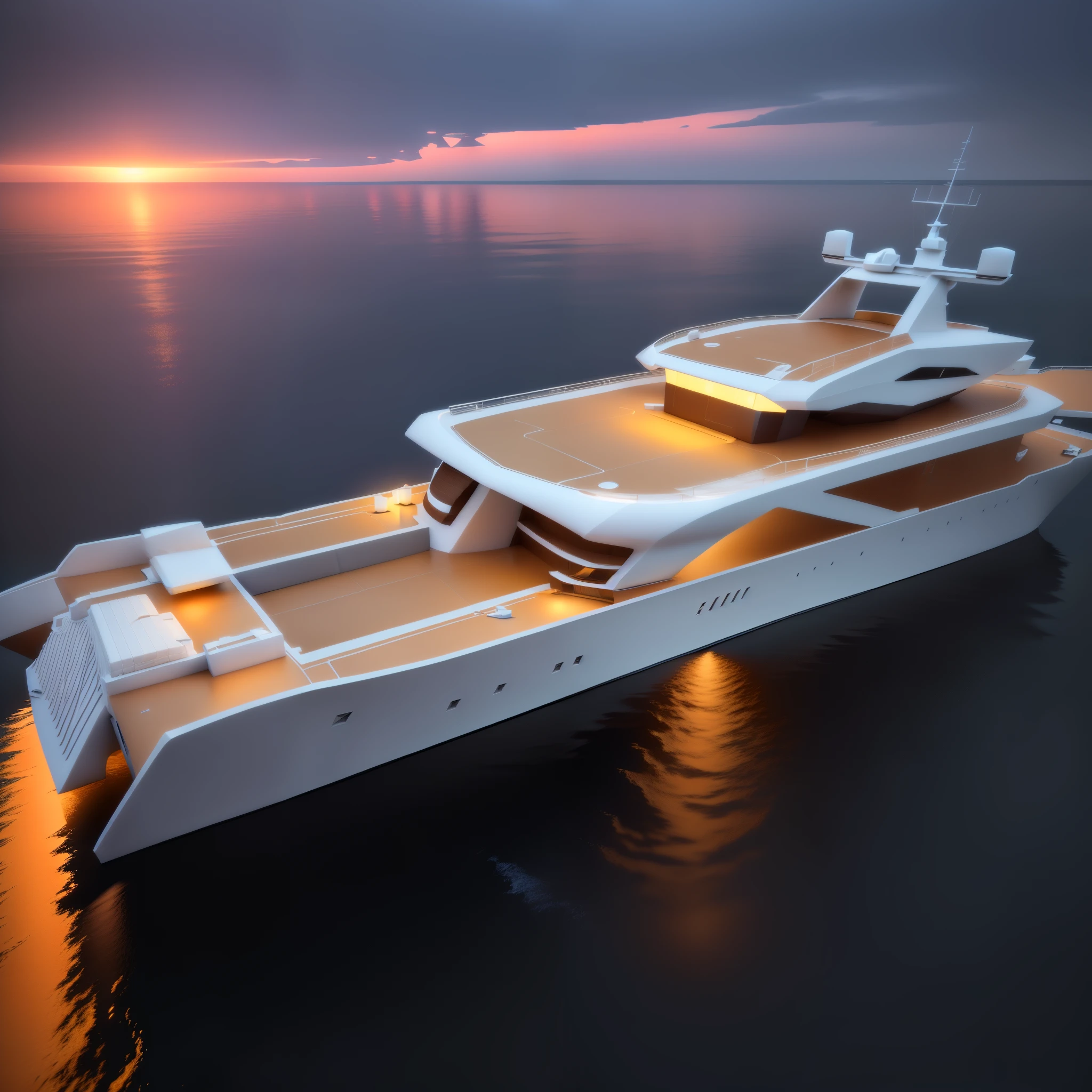 There was a boat floating in the water, concept ship, shaped like a yacht, Checkmate rendering, ocean rendering, a Low polygon rendering, heavily stylized, Depicted as 3D rendering, 3d present, 3 d present, Low polygon rendering, Iron Man Concept Yacht, present, pre-present, present 3d model