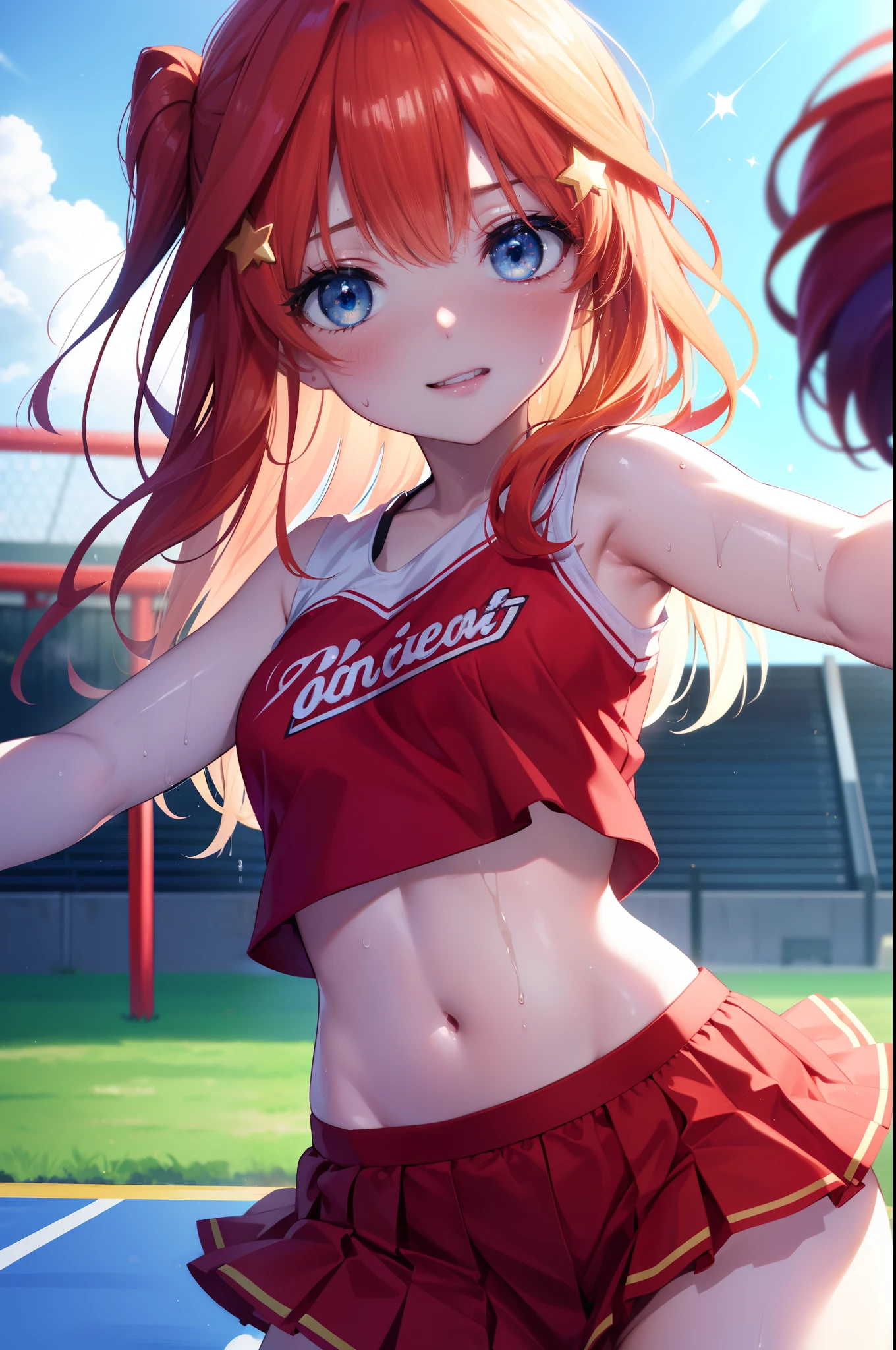 itsukinakano, Itsuki Nakano, bangs, blue eyes, hair between eyes, Ahoge, redhead, star \(symbol\), hair ornaments, star hair ornaments,smile,blush,pom pomー両手で掴んでいる,(Very delicate eyes), (Cheerleader), (whole body), lower, (sweaty), sweaty Wet Clothes, (red clothes), , navel support, playground, (jump), (jump), 足を曲げてjumpする, air, blue sky, Grass原, smile,Cheerleader, pom pom \(Cheerleader\), Grass, look at the audience,　　　　　　　　　　　　　　　　　　　break outdoor ,arena,playground ,　　　　　　　　break looking at viewer, 　　　　　　　　　　　break (masterpiece:1.2), highest quality, High resolution, unity 8k wallpaper, (shape:0.8), (beautiful and detailed eyes:1.6), highly detailed face, perfect lighting, Very detailed CG, (perfect hands, perfect anatomy),