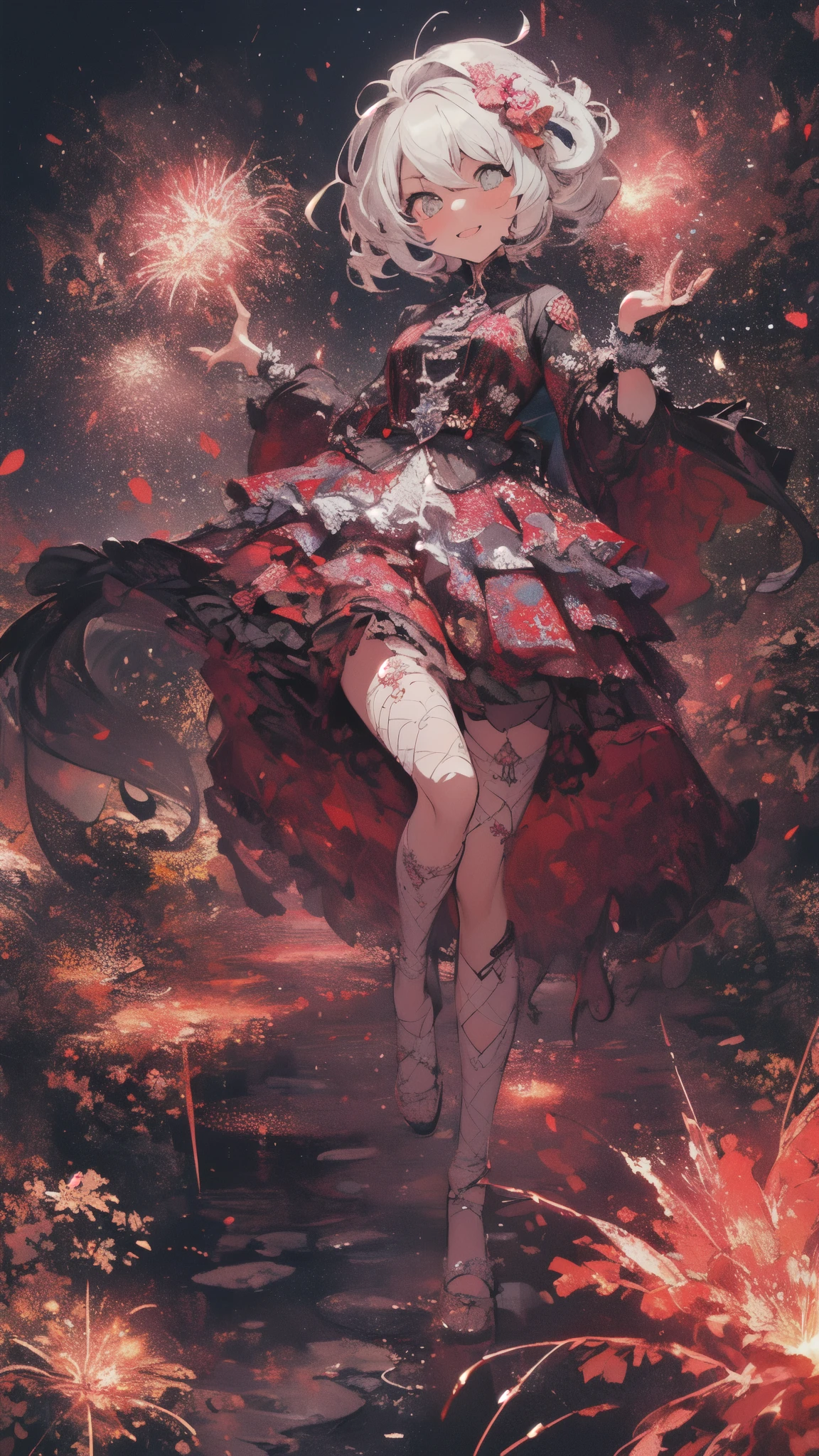 ((Fireworks Master)),Mainly composed of fireworks，Fireworks display beyond imagination，innocent smile、never seen、seven colors,(1 20 year old woman:1.6),(cute smile),(The clothing is simple), (best impact:1.5), (maximalism:1.7), vivid contrast, (realistic), 超realisticイラスト, High resolution, super detailed, absurd,(fractal art:1.3)、random hairstyle、Random hair color colorful、full body shot、retro、accurate focus、random pose、cinema 4d、Drama、perfect limbs、perfect fingertips、perfect face、Moist eyes
