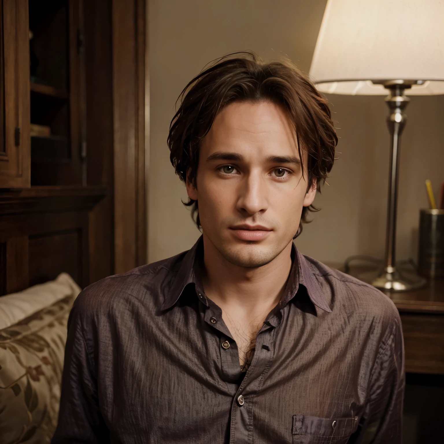 Portrait homme Jeff Buckley, la cinquantaine, cheveux rasés, Image en couleur, regard intense vers la caméra, face à la caméra, en chemise,