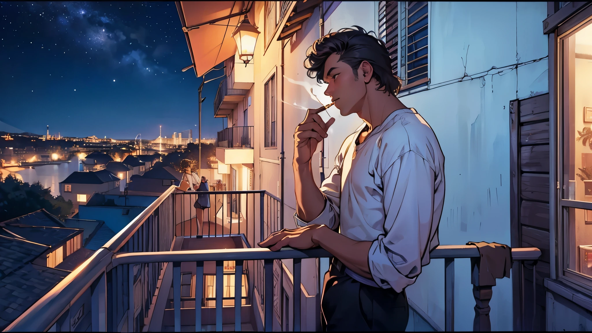balcony at night look at the starry sky 1980s Man smoking cigarette He has a can of beer in his left hand.