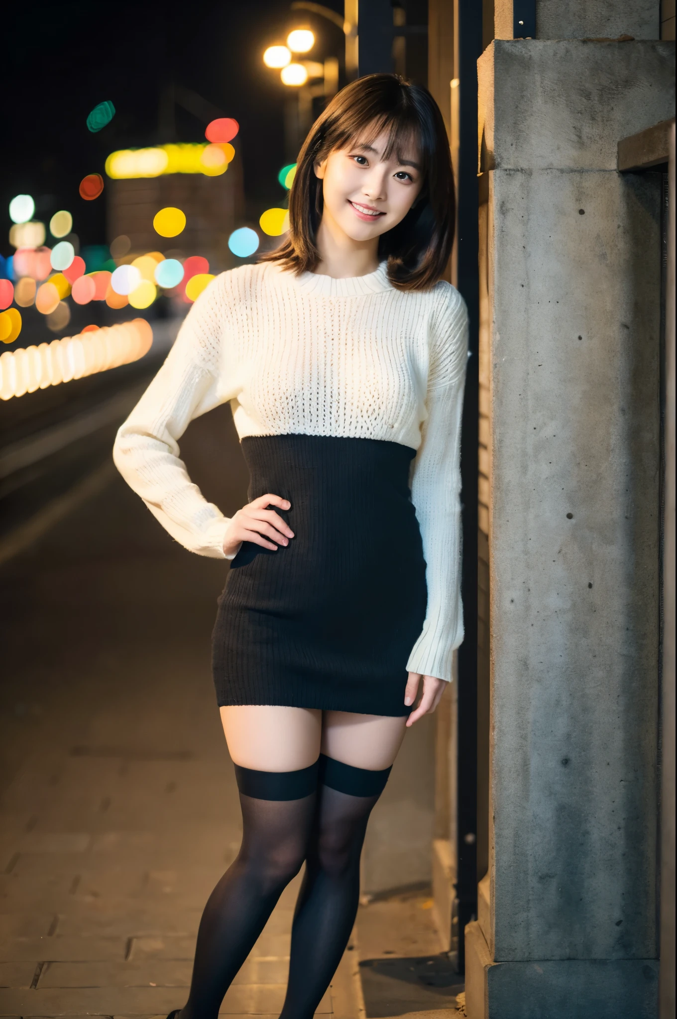 Knitted sweater，skirt，black tights，Black heels，smile，Night in the city，