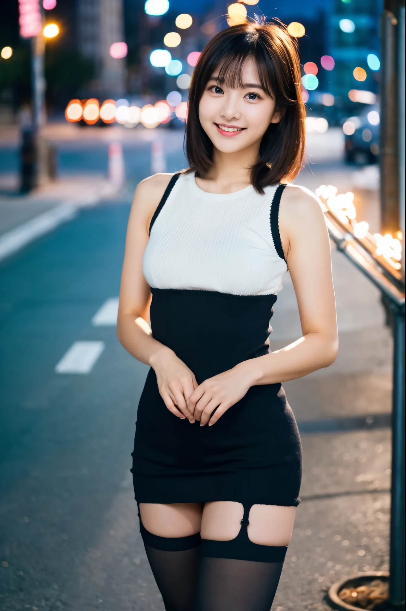 ulzzang-6500-v1.1,  (RAW photo:1.2), (Photoreal), beautiful detailed girl, (genuine: 1.4), very detailed目と顔, ((pastel colour、knit dress、Super realistic black tights))、((City of night:1.4)), Self snap, Instagram、game_ticker, huge file size, High resolution, very detailed, highest quality, [masterpiece:1.6], enlightenment, very detailed, nffsw, finely, highest quality, 8k wallpaper, movie lighting, 1 girl, 17 years old, perfect body shape, cute droopy eyes beautiful big eyes、((muste piece)), highest quality, 1 girl, eye shadow,  portrait, ((full body shot:1.14))、(very kind smile:1.2)、realistic skin texture、shiny skin、exposed thighs!!!