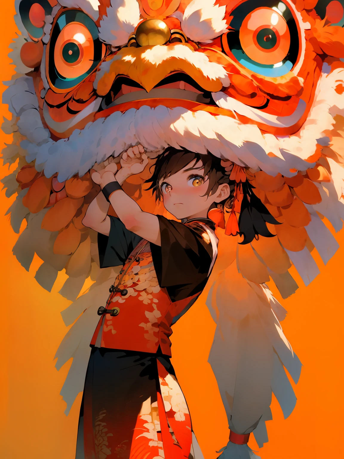 a boy with,lion dance,dance,Chinese clothes,The background is a cheering crowd,red lantern,Chinese Year, Chinese style,red,