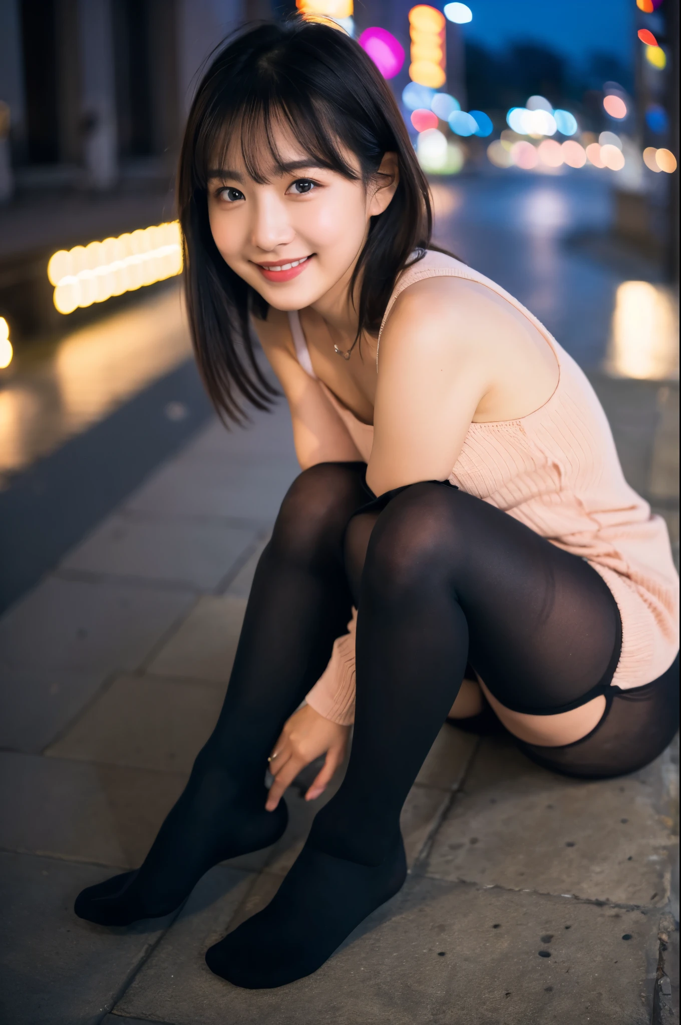 ulzzang-6500-v1.1,  (RAW photo:1.2), (Photoreal), beautiful detailed girl, (genuine: 1.4), very detailed目と顔, ((pastel colour、knit dress、Super realistic black tights))、((City of night:1.4)), Self snap, Instagram、game_ticker, huge file size, High resolution, very detailed, highest quality, [masterpiece:1.6], enlightenment, very detailed, nffsw, finely, highest quality, 8k wallpaper, movie lighting, 1 girl, , perfect body shape, cute droopy eyes beautiful big eyes、((muste piece)), highest quality, 1 girl, eye shadow,  portrait, ((full body shot:1.14))、(very kind smile:1.2)、realistic skin texture、shiny skin、exposed thighs!!!
