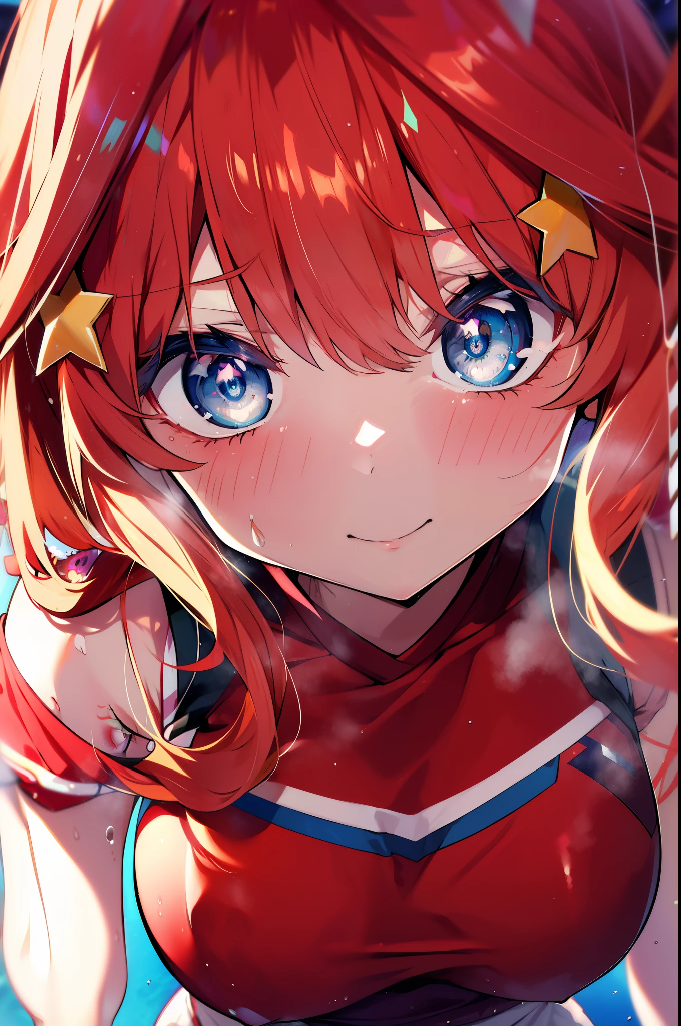 itsukinakano, Itsuki Nakano, bangs, blue eyes, hair between eyes, Ahoge, redhead, star \(symbol\), hair ornaments, star hair ornaments,smile,blush,Braid,pom pomー両手で掴んでいる,(Very delicate eyes), (Cheerleader), (whole body), lower, (sweaty), sweaty Wet Clothes, (red clothes), , navel support, playground, (jump), (jump), 足を曲げてjumpする, air, blue sky, Grass原, smile,Cheerleader, pom pom \(Cheerleader\), Grass, look at the audience,　　　　　　　　　　　　　　　　　　　break outdoor ,arena,playground ,　　　　　　　　break looking at viewer, whole body,　　　　　　　　　　　break (masterpiece:1.2), highest quality, High resolution, unity 8k wallpaper, (shape:0.8), (beautiful and detailed eyes:1.6), highly detailed face, perfect lighting, Very detailed CG, (perfect hands, perfect anatomy),