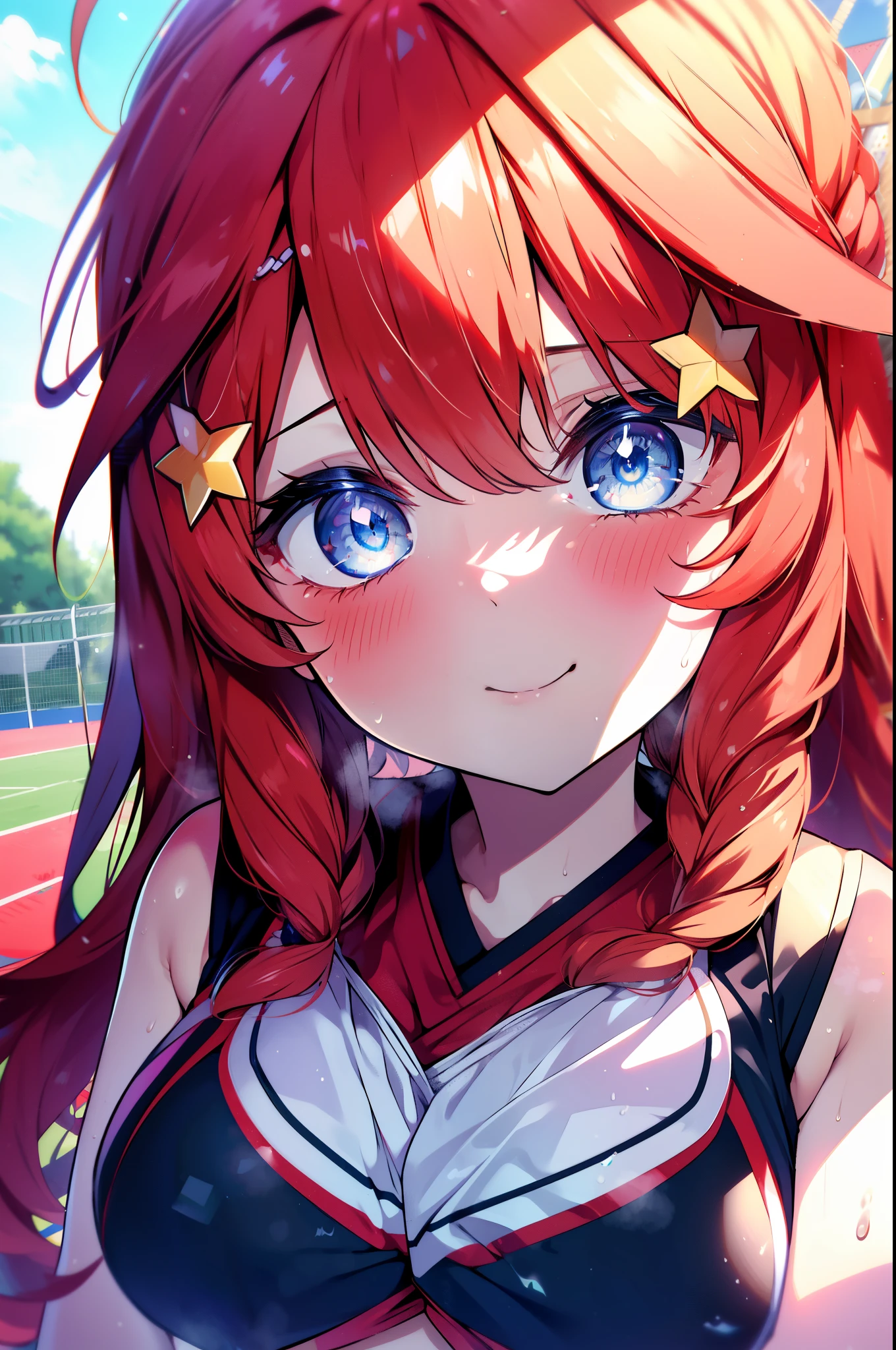 itsukinakano, Itsuki Nakano, bangs, blue eyes, hair between eyes, Ahoge, redhead, star \(symbol\), hair ornaments, star hair ornaments,smile,blush,Braid,pom pomー両手で掴んでいる,(Very delicate eyes), (Cheerleader), (whole body), lower, (sweaty), sweaty Wet Clothes, (red clothes), , navel support, playground, (jump), (jump), 足を曲げてjumpする, air, blue sky, Grass原, smile,Cheerleader, pom pom \(Cheerleader\), Grass, look at the audience,　　　　　　　　　　　　　　　　　　　break outdoor ,arena,playground ,　　　　　　　　break looking at viewer, whole body,　　　　　　　　　　　break (masterpiece:1.2), highest quality, High resolution, unity 8k wallpaper, (shape:0.8), (beautiful and detailed eyes:1.6), highly detailed face, perfect lighting, Very detailed CG, (perfect hands, perfect anatomy),