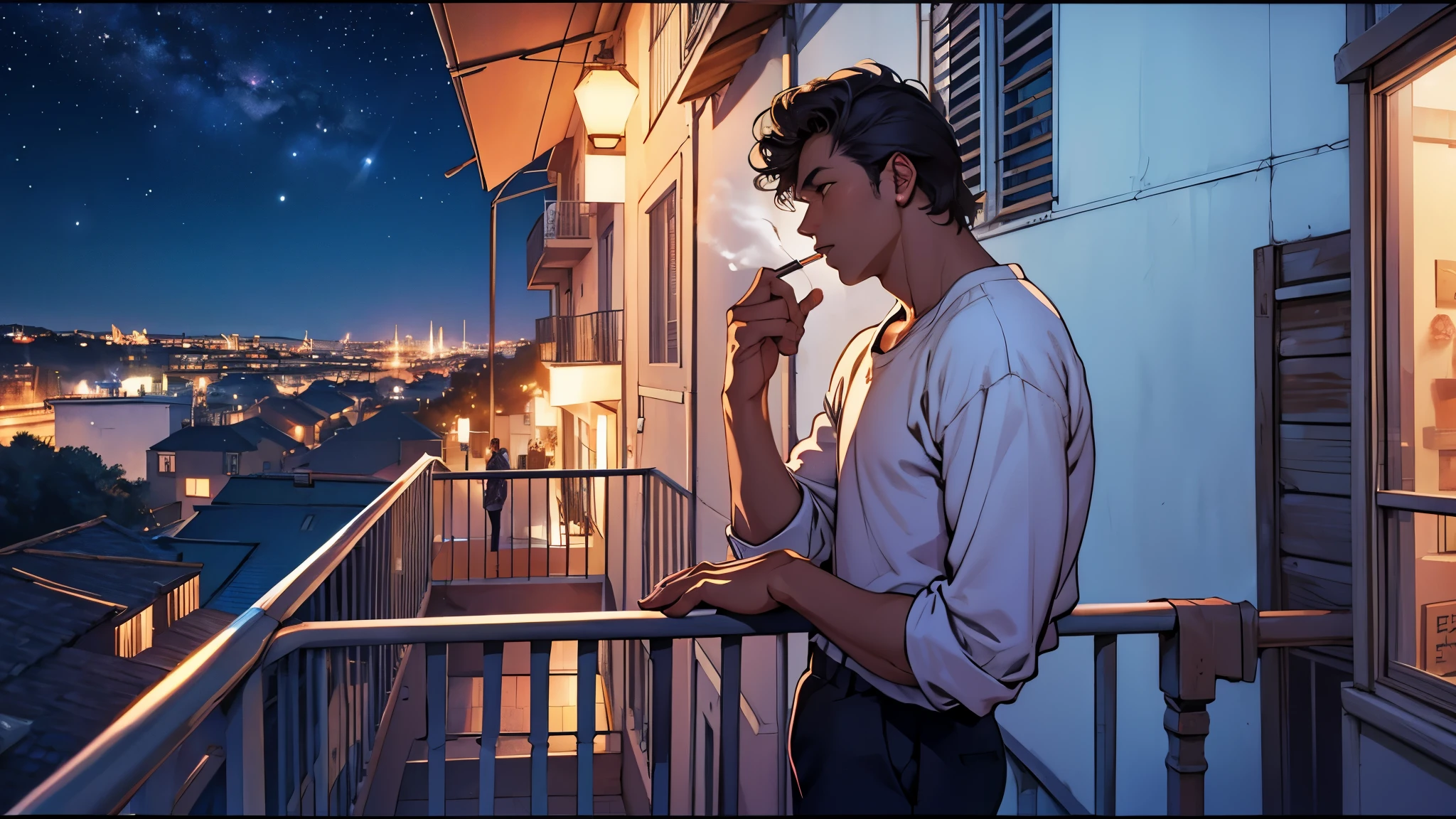 balcony at night　look at the starry sky　1980s　Man smoking cigarette