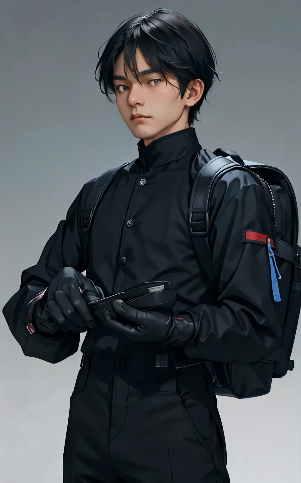 Thai man wearing a black full-face helmet Wear a blue long-sleeved shirt.
  Wear gloves on both hands. Wear a backpack in front of your body.