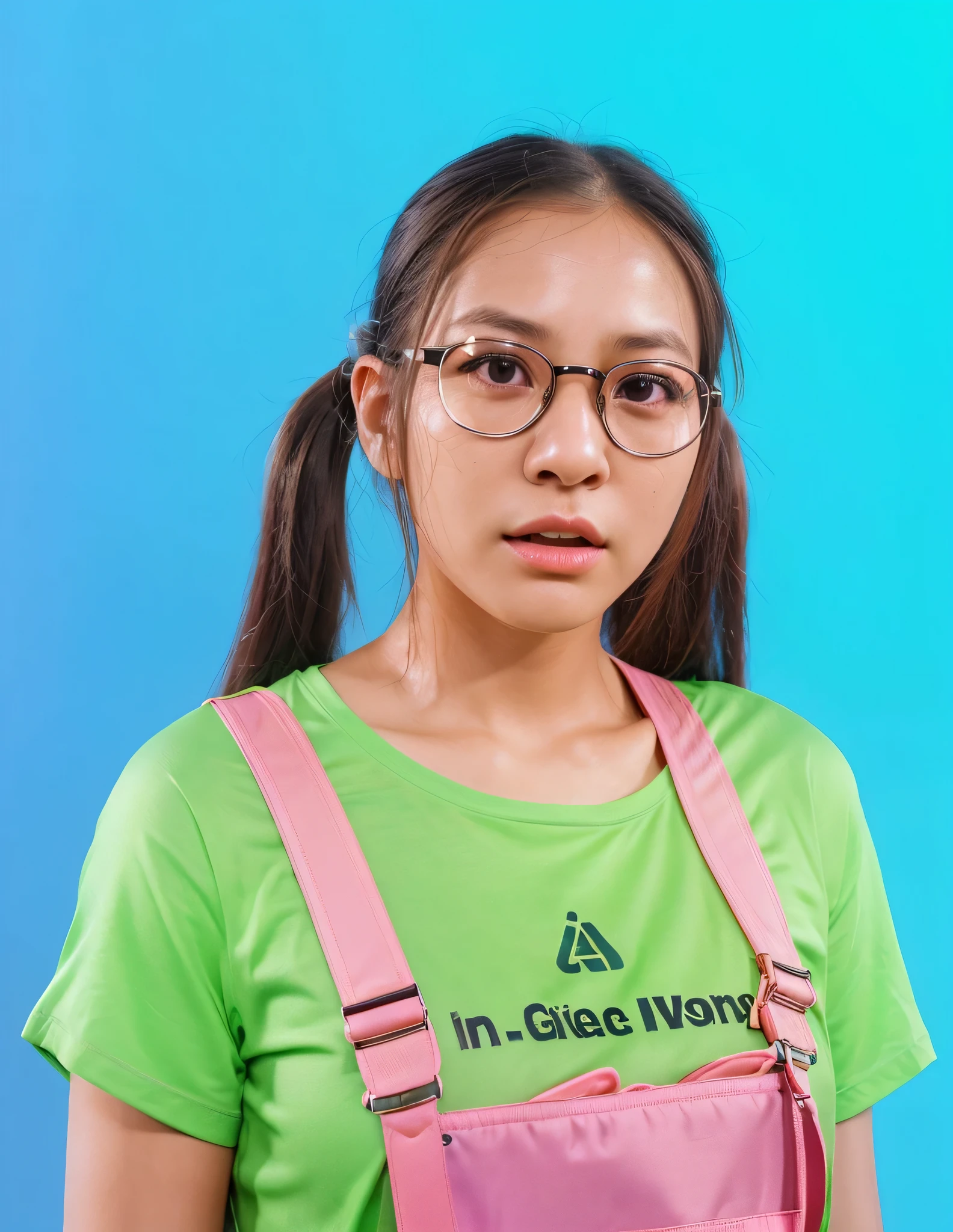 A asian girl with two pigtails, wearing a green shirt and suspenders, looks scared. Satin skin with natural texture, ultra realistic hyper realistic body skin texture ultra realistic a girl with long brown ponytails, black round glasses, wearing a bright shirt and glasses, stretches out her hands. She has a frightened expression on her face, perfect smooth skin. with long brown hair and glasses, smoot, multiple light sources, rim light, sharp post effects render, perfect cgi, digital art, detailed digital art, reflective, best quality, 4k, masterpiece:1.2, ultra-detailed, realistic, vivid colors, dark and moody lighting, The image of the highest quality, ensuring every detail showcased perfectly. It in 4k resolution, allowing viewers to immerse themselves in the richness of the colors and intricate details. The realistic rendering. under the spotlight, reflecting, high-resolution image, realistic rendering, dark background, and rim light