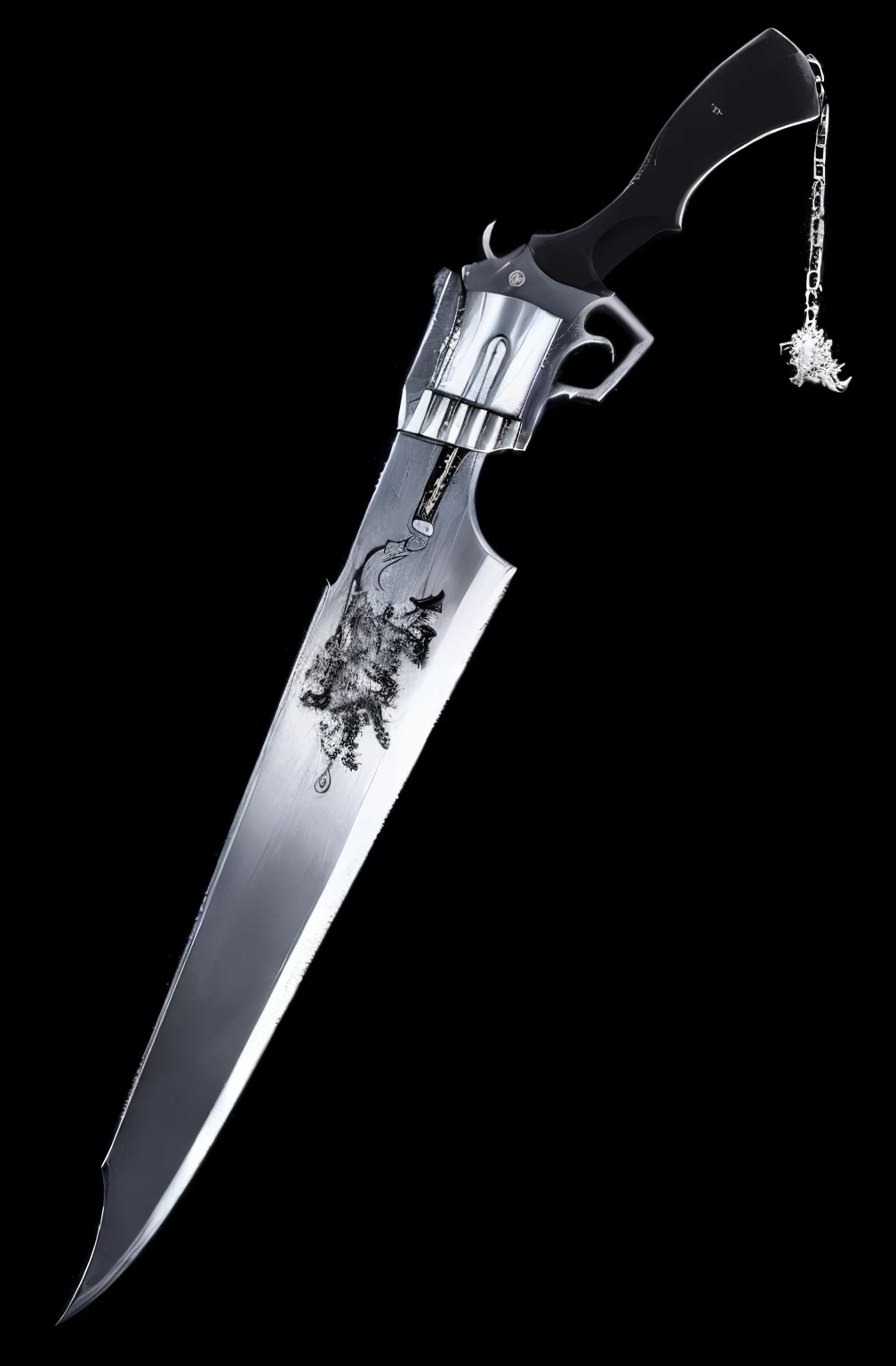 a close up of a knife with a chain hanging from it, buster sword, chainsaw sword, chainsaw sword katana, engraved blade, beautiful sword, chainsword in the other, swinging reflective katana, huge oversized sword, huge sword, armored sword blade, hyper detailed ultra sharp, large sword, fantasy sword, shining silver katana sword, holstering sword, big sword