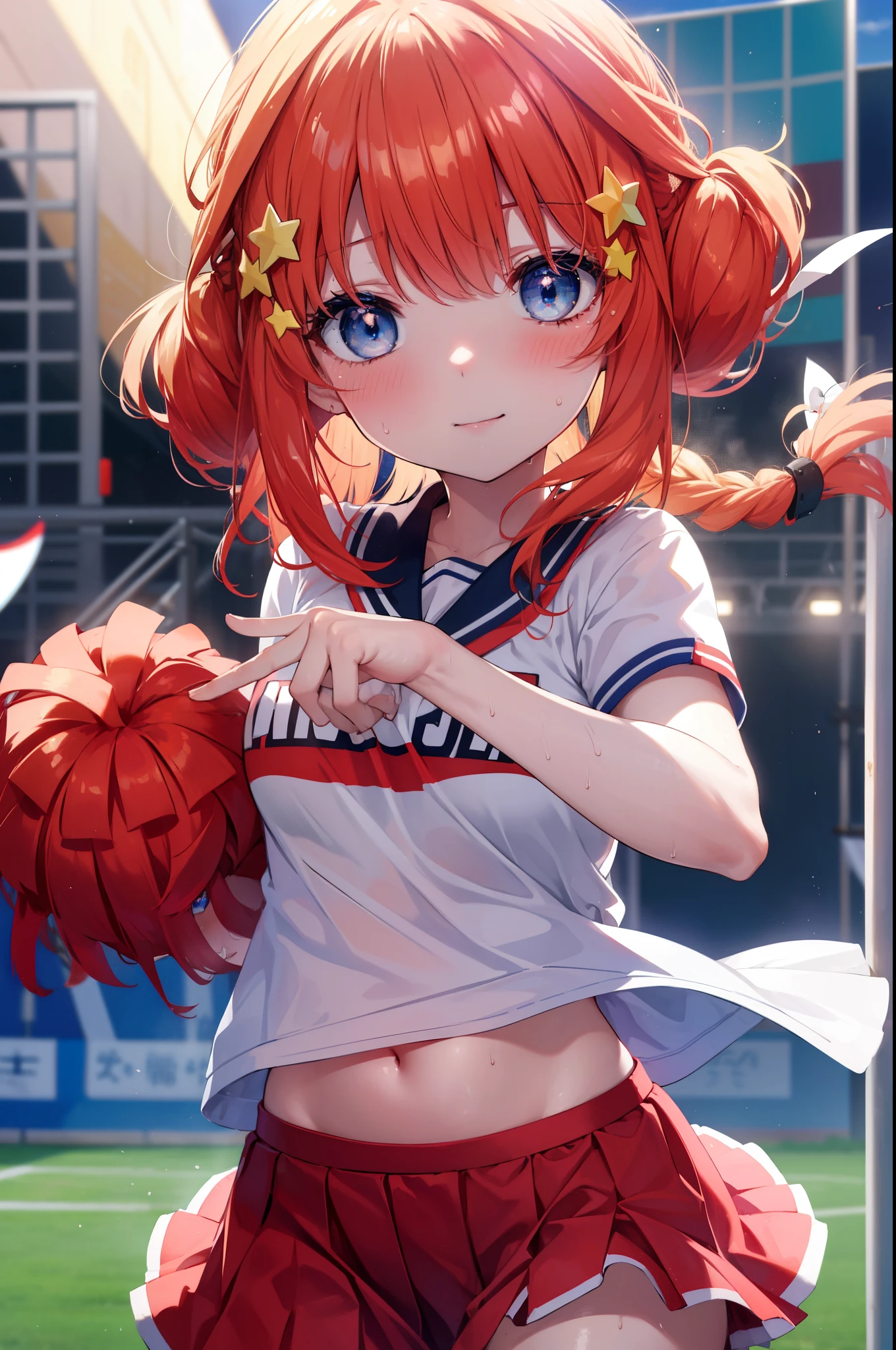 itsukinakano, Itsuki Nakano, bangs, blue eyes, hair between eyes, Ahoge, redhead, star \(symbol\), hair ornaments, star hair ornaments,smile,blush,Braid,pom pomー両手で掴んでいる,(Very delicate eyes), (Cheerleader), (whole body), lower, (sweaty), sweaty Wet Clothes, (red clothes), , navel support, playground, (jump), (jump), 足を曲げてjumpする, air, blue sky, Grass原, smile,Cheerleader, pom pom \(Cheerleader\), Grass, look at the audience, break outdoor ,arena,playground , break looking at viewer, whole body, break (masterpiece:1.2), highest quality, High resolution, unity 8k wallpaper, (shape:0.8), (beautiful and detailed eyes:1.6), highly detailed face, perfect lighting, Very detailed CG, (perfect hands, perfect anatomy),