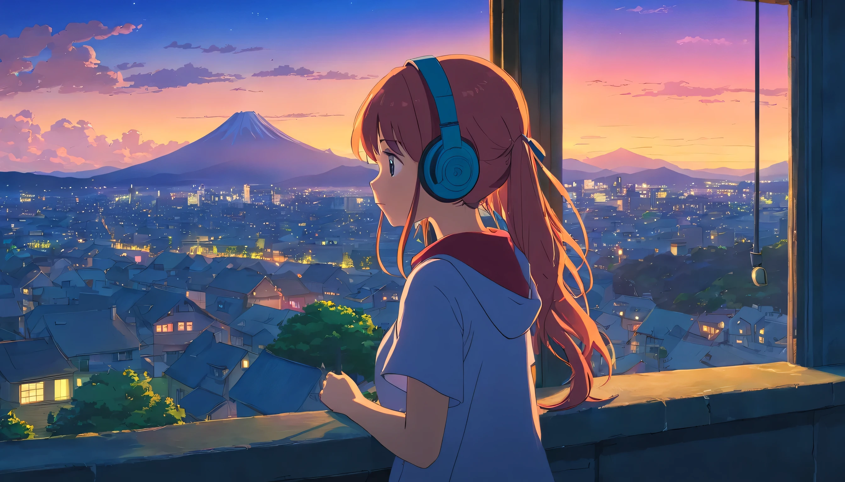 anime girl with headphones looking out a window at a city, lofi girl, anime vibes, lofi artstyle, anime style 4 k, anime aesthetic, nightcore, lofi feel, lofi art, anime art wallpaper 4 k, anime art wallpaper 4k, anime wallpaper 4 k, anime wallpaper 4k, lofi vibes