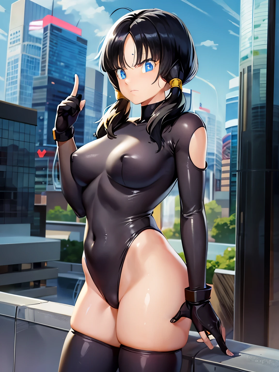 masterpiece, highest quality, High resolution, saw 2, alone, blue eyes, black hair,twin tails,bangs, medium breasts, cowboy shot, frown,troubled face, 1 girl, alone, oyster bodysuit, sheer bodysuit, back view,put your hands on your hips, looking at the viewer, city, night, standing on the edge of the roof, urban