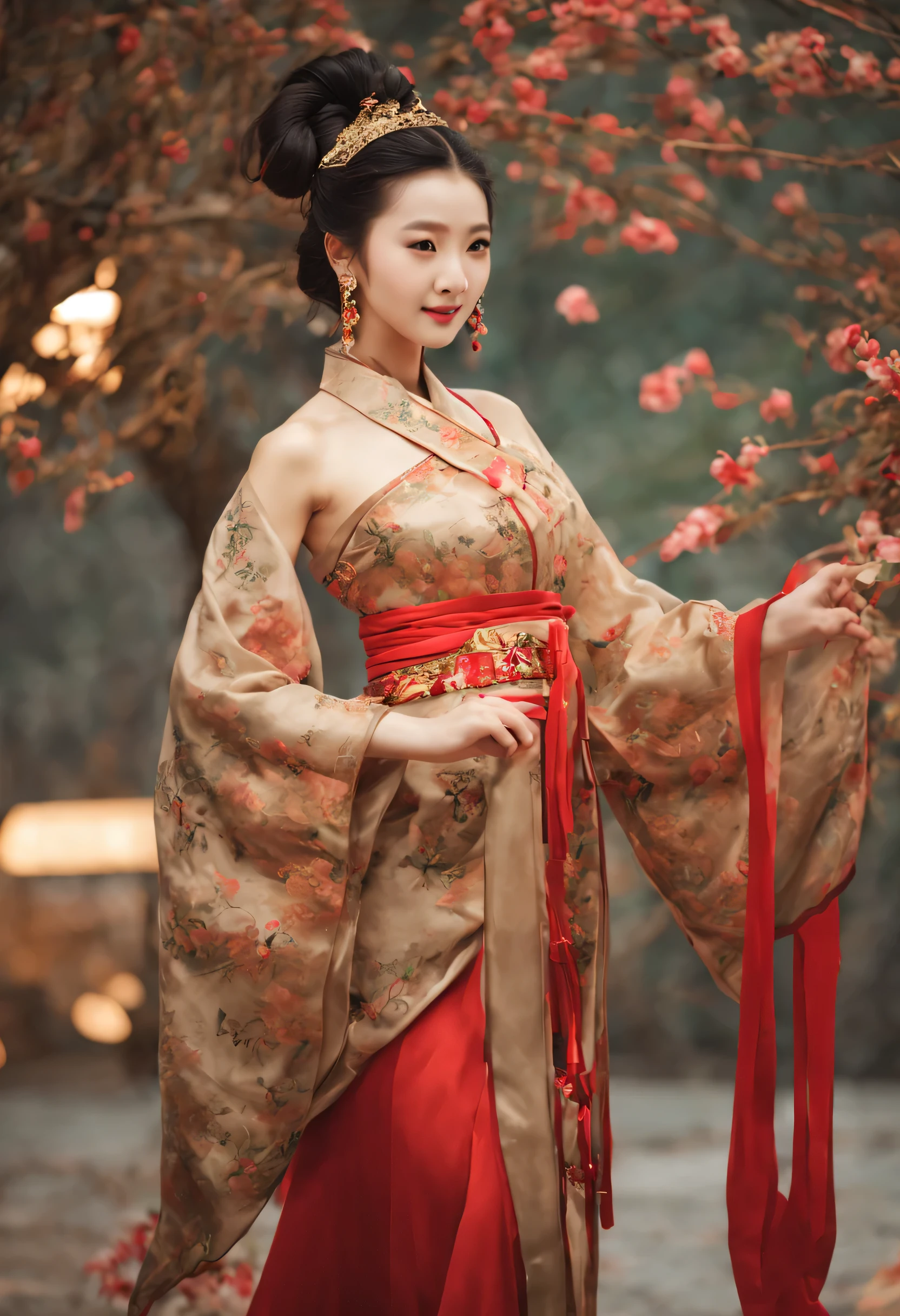 ancient chinese beauties,Princess,perfect facial features,slim,beautiful pose,charming,charming,whole body,night,dance,Smile,Dengzhan Xixin