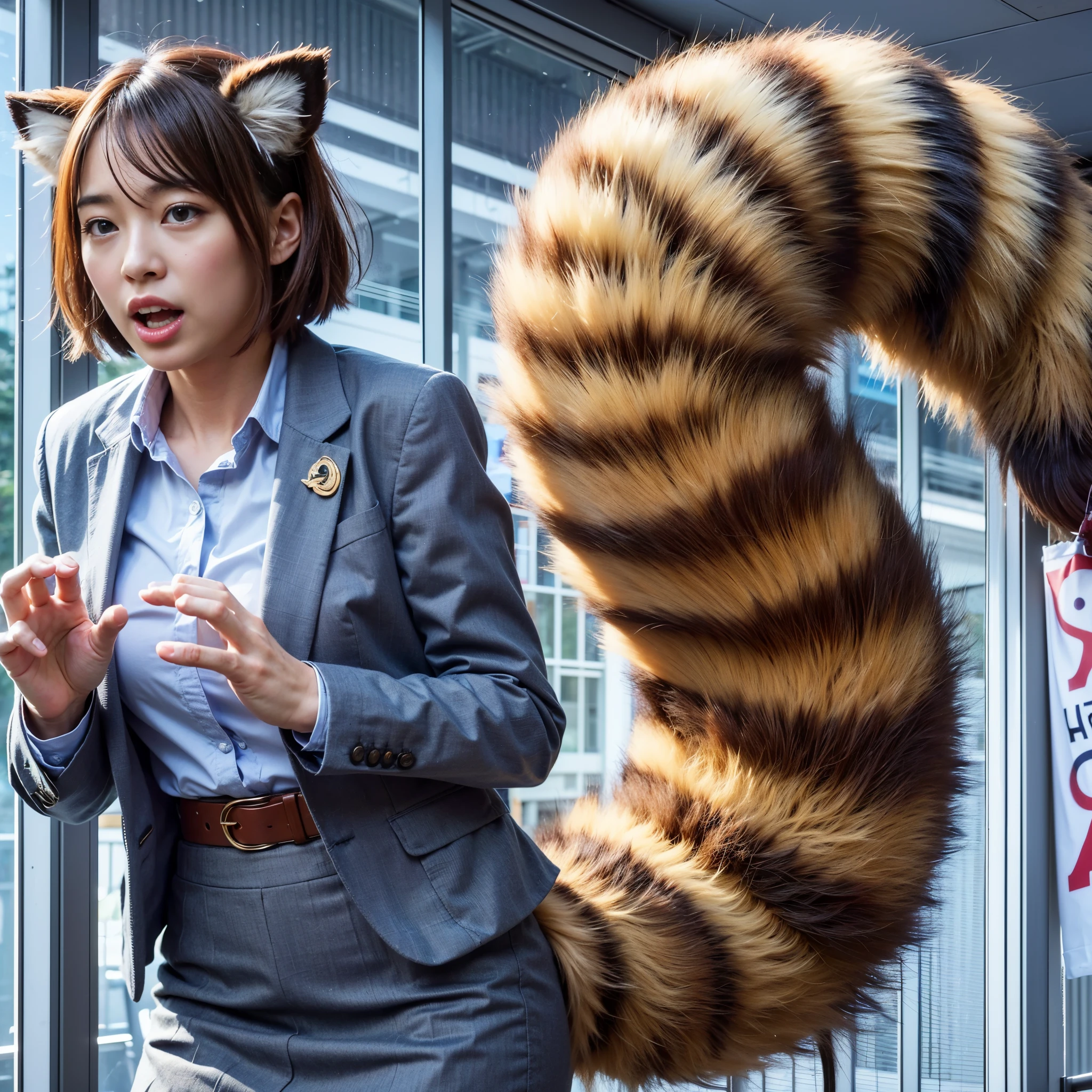 women with a tanuki tail, (software) safe for work, fur with tail, software version, colleague, realistic style, , realistic style , beautiful girl, photograph, 最high quality, (Her skirt is flipped up and her tail is visible.:1.8) ,Reality, small breasts, slender, white panties,tail from above panties, tail from inside the skirt, bushy tail, realistic tail, flat chest, (software) safe for work, nffsw, retina, muste piece, Accurate, anatomically correct, super detail, advanced details, high quality, 最high quality, High resolution, 1080p, 4k, 8K, The tail is sticking out from inside the skirt, long tail, be surprised to see the tail, eight-headed body, small face, blush, Red cheeks
