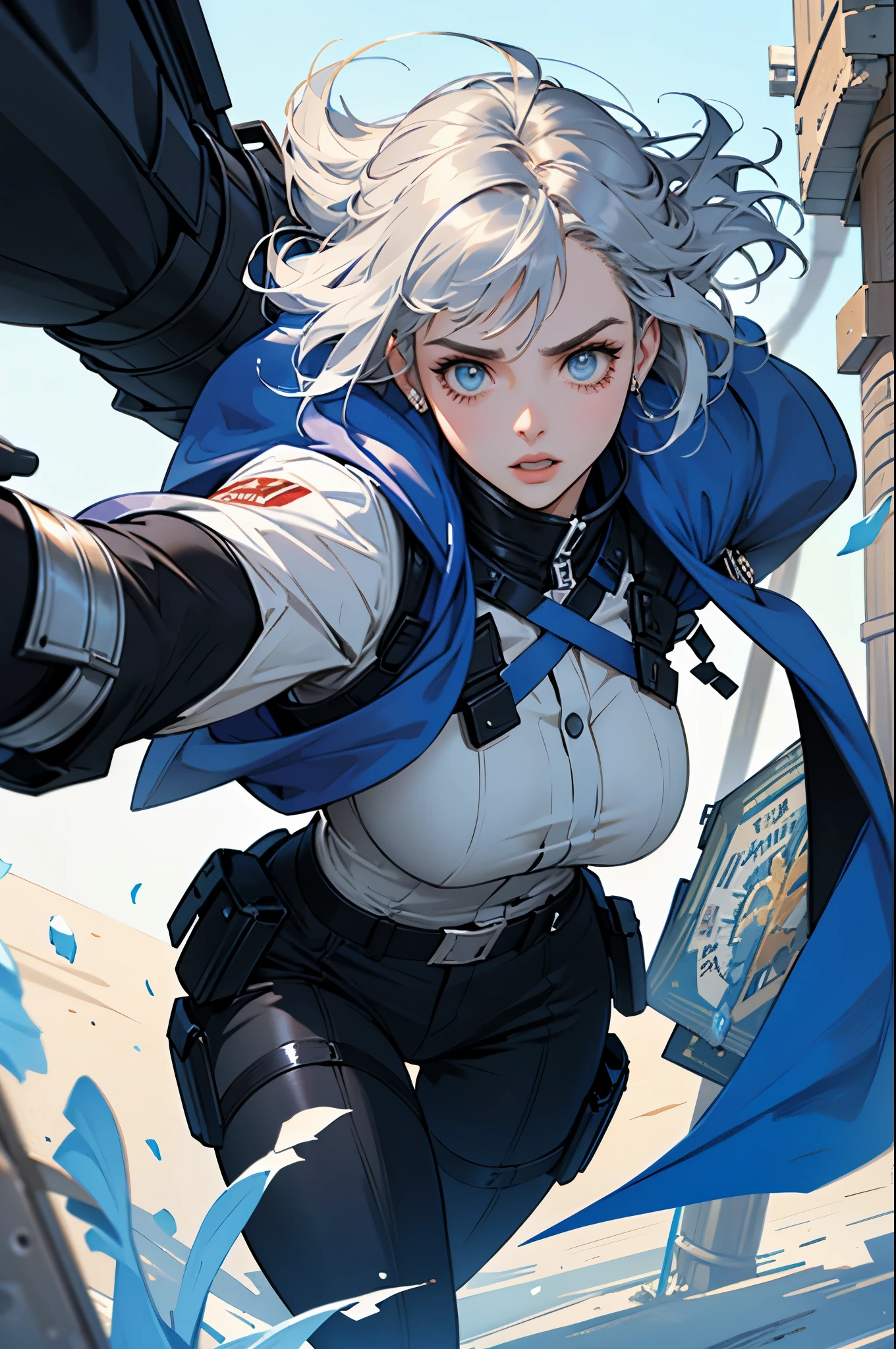 25 year old woman, whole body, Medium silver hair and realistic silhouette defined, eyes fixed on the front camera, wrapped in a blue cape and a hyper detailed metal armor, all in a FULL HD 8K quality of high definition, ultra detailed definition.