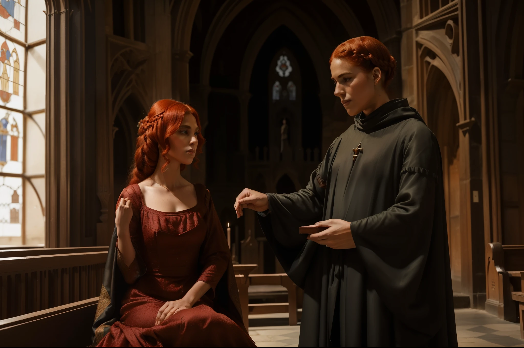 ((((30-year-old)) Loreen of Langley)), elegant, beautiful, red hair, ((sad expression)), ((((clothing from the 1300s, gown)))), ((hairstyle of the 1300s))