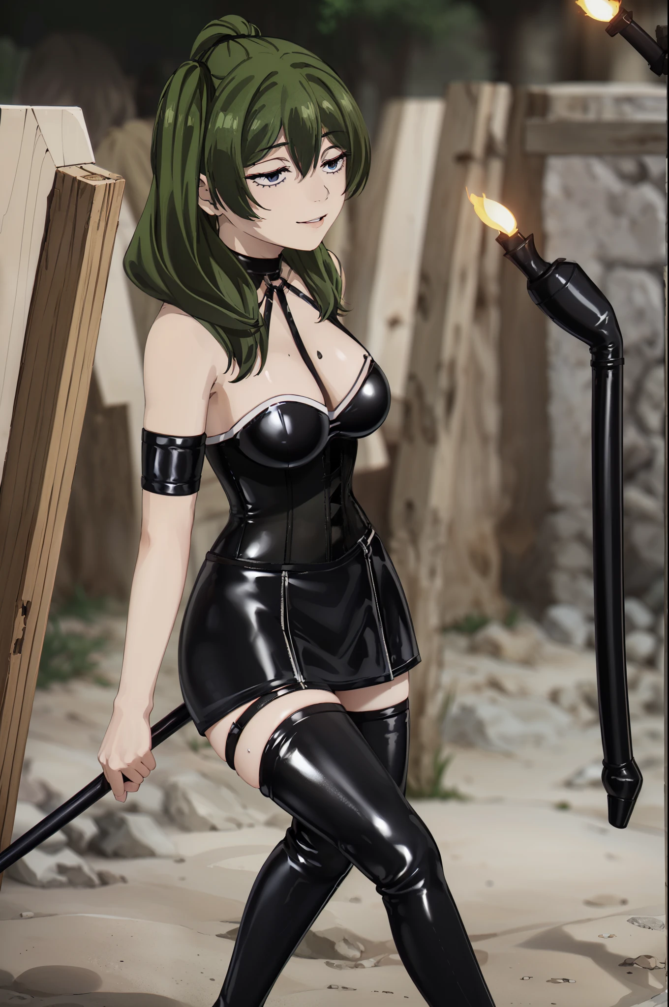 (highest quality, masterpiece),sexy, erotic, 1 girl, 18-year-old, despise, proud, long green hair, sleepy eyes, looking at the viewer, medieval tabernacle, (close), ((dark room)), Sweat, the candle is lit, ((cleavage)), Mr.々Inside a torture chamber with various tools、
BDSM、(((black latex corset dress:1.4)))、(((The corset is decorated with beautiful embroidery.)))、(((corset dress with shoulder straps)))、(((black latex tight miniskirt:1.4)))、first round、(((Black Thigh Boots)))、high heel boots、(((black latex bra)))、(((black latex panties)))、first round、Black Thigh Boots、high heel boots、1 girl、evil smile
