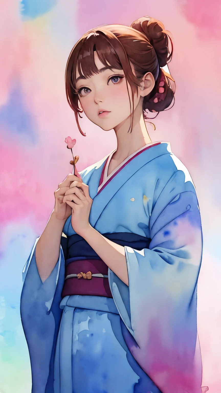 (((Bright colored watercolor style background:1.3)))、one girl、１６talent、anatomy、small face、small、small鼻、Pale pink eyes、Loosely braided low ponytail、brown hair、small breasts、Beautiful kimono、yamato nadeshiko、random pose、Yoshino cherry tree、beautiful cherry blossoms、highest quality、High resolution、High resolution、cinematic lighting、professional photographer