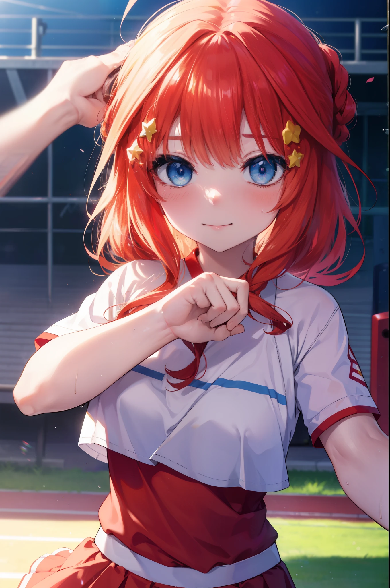 itsukinakano, Itsuki Nakano, bangs, blue eyes, hair between eyes, Ahoge, redhead, star \(symbol\), hair ornaments, star hair ornaments,smile,blush,Braid,pom pomー両手で掴んでいる,(Very delicate eyes), (Cheerleader), (whole body), lower, (sweaty), sweaty Wet Clothes, (red clothes), , navel support, playground, (jump), (jump), 足を曲げてjumpする, air, blue sky, Grass原, smile,Cheerleader, pom pom \(Cheerleader\), Grass, look at the audience, break outdoor ,arena,playground , break looking at viewer, whole body, break (masterpiece:1.2), highest quality, High resolution, unity 8k wallpaper, (shape:0.8), (beautiful and detailed eyes:1.6), highly detailed face, perfect lighting, Very detailed CG, (perfect hands, perfect anatomy),