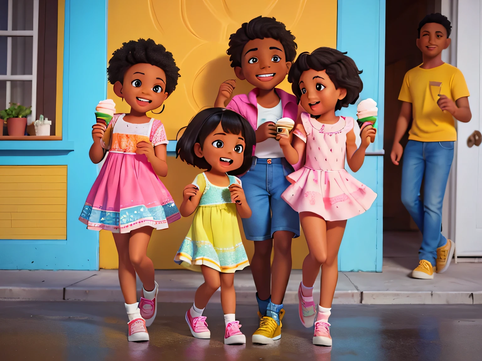 (african american,black) (fashion illustration,illustration,sketch) (kids,children,youngsters,youths) enjoying (ice cream,delicious ice cream,tasty ice cream) in (lively,vibrant,energetic) atmosphere,(bright,cheerful,colorful) (background,setting).(Smiling,Happy) (boys,girls) in (stylish,trendy) outfits, (cute,adorable,lovely) dresses and (cool,trendy) sneakers. They are (holding,eating,savoring) their (colorful,flavorful) ice creams with (joyful,excitement) on their faces. The (illustration,sketch) features (best quality,4k,8k,highres,masterpiece:1.2),ultra-detailed,(realistic,photorealistic,photo-realistic:1.37) (artistic rendering,artwork) with (vivid colors,vibrant hues) and (sharp focus,clear details). The (lighting,illumination) accentuates the (scene,mood), adding (depth,texture) to the (background,foreground) elements.