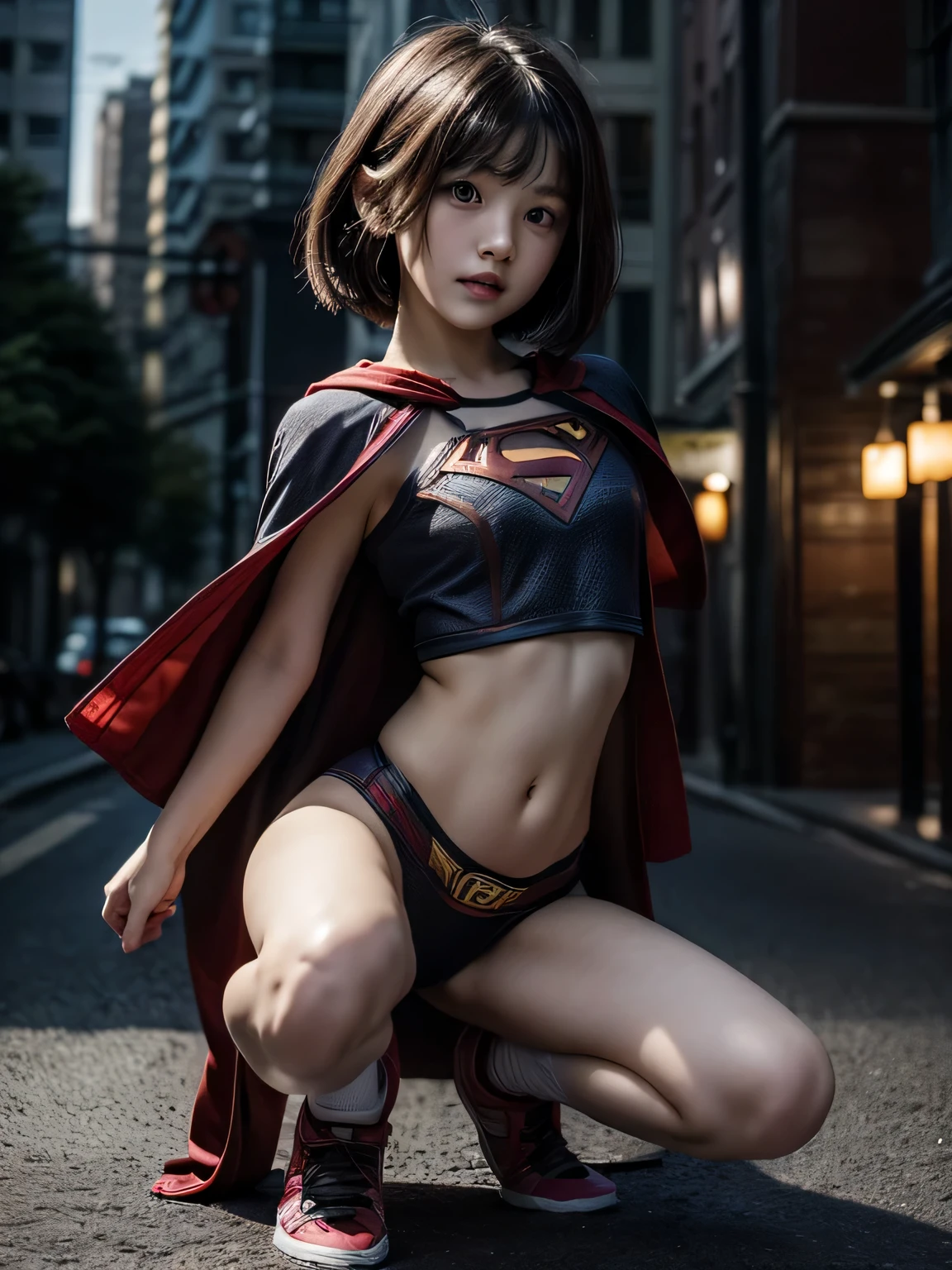 very young supergirl elementary school student, Highly realistic depiction、masterpiece, highest quality, abstract, daytime cityscape、(honeycomb pattern), (creative:1.3), fantasy 00d、 black hair、bob cut with trimmed ends、flat chest、very thin crotch、lolicon、belly button、High-leg style、red cloak、pointed nipples、(((squat)))、The light that illuminates the crotch、put your hands behind your head、10 years old