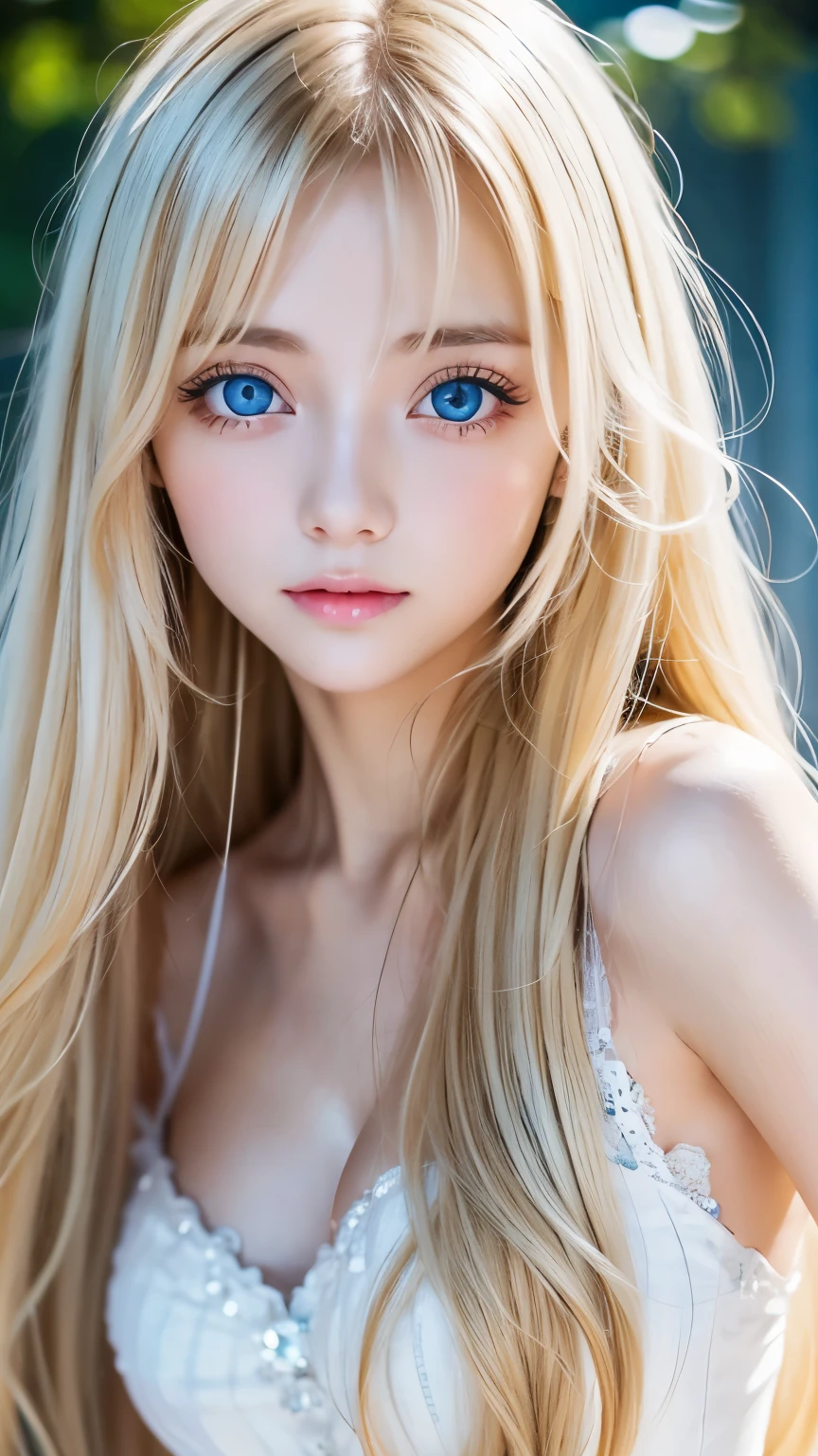 1 girl, very messy blonde hair, beautiful blonde、Very beautiful super long shiny hair、Very beautiful cute face、Lustrous and radiant beautiful skin、solo、super high quality、hard focus、film grain、ultra high resolution、masterpiece、Shining lovely detailed crystal clear bright light blue big eyes、very big eyes