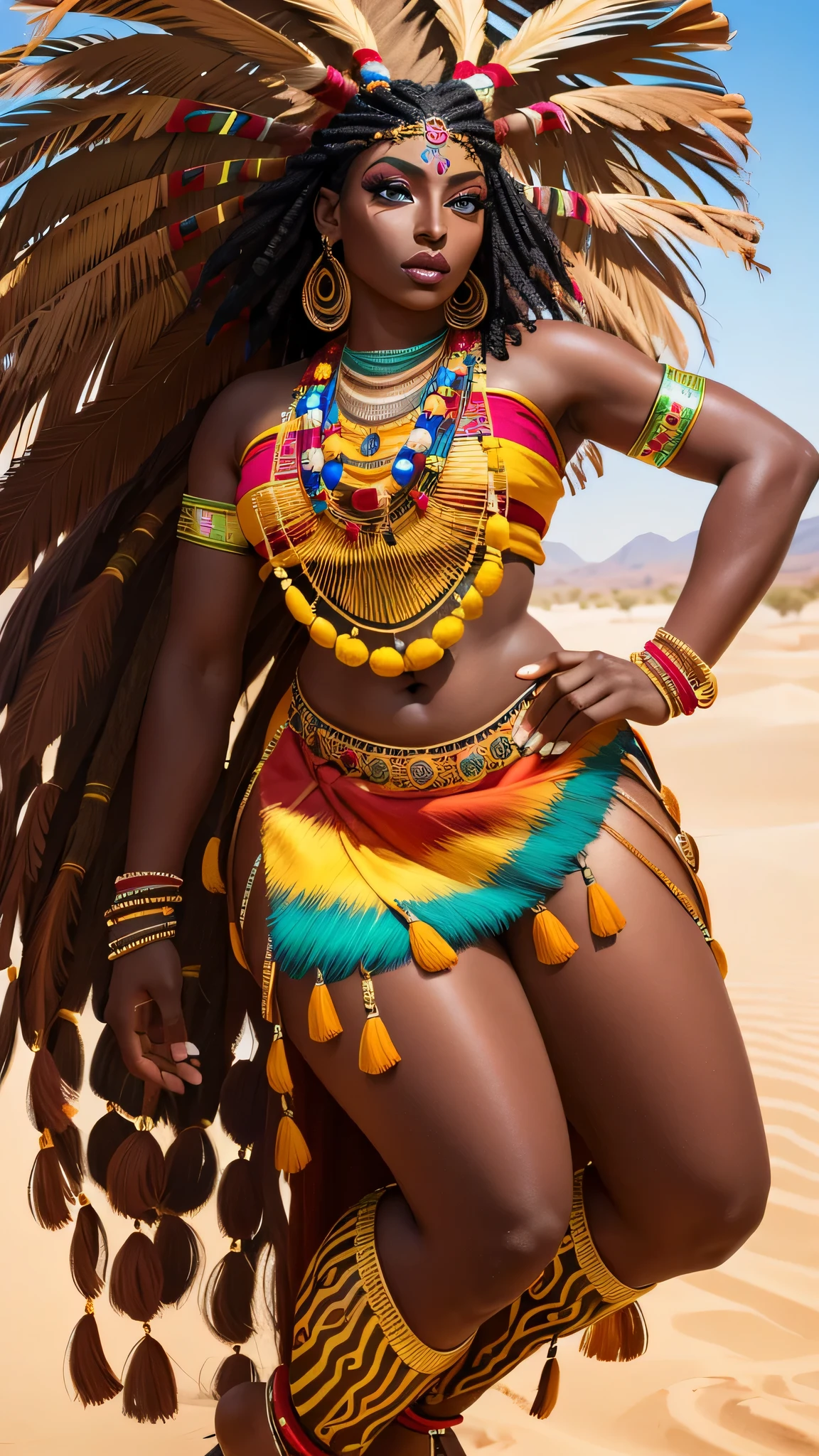 (masterpiece:1.2), (best quality:1.2), perfect eyes, perfect face, perfect lighting, photoshoot, 1girl, mature female, full body, dark-skinned, colorful tribal dress, headdress, thick eyelashes, makeup, eyeshadow, medium hair, oasis, desert detailed outdoor background