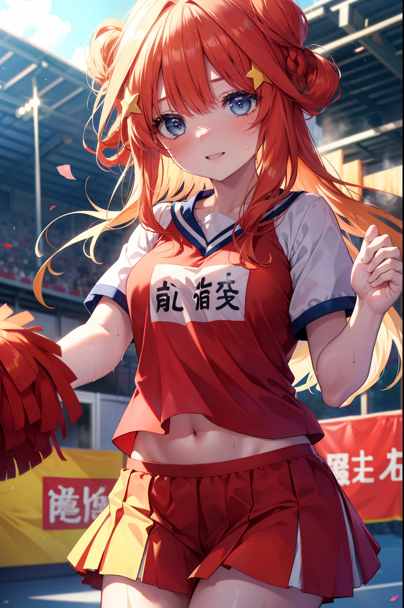 itsukinakano, Itsuki Nakano, bangs, blue eyes, hair between eyes, Ahoge, redhead, star \(symbol\), hair ornaments, star hair ornaments,smile,blush,Braid,pom pomー両手で掴んでいる,(Very delicate eyes), (Cheerleader), (whole body), lower, (sweaty), sweaty Wet Clothes, (red clothes), , navel support, playground, (jump), (jump), 足を曲げてjumpする, air, blue sky, Grass原, smile,Cheerleader, pom pom \(Cheerleader\), Grass, look at the audience, break outdoor ,arena,playground , break looking at viewer, whole body, break (masterpiece:1.2), highest quality, High resolution, unity 8k wallpaper, (shape:0.8), (beautiful and detailed eyes:1.6), highly detailed face, perfect lighting, Very detailed CG, (perfect hands, perfect anatomy),