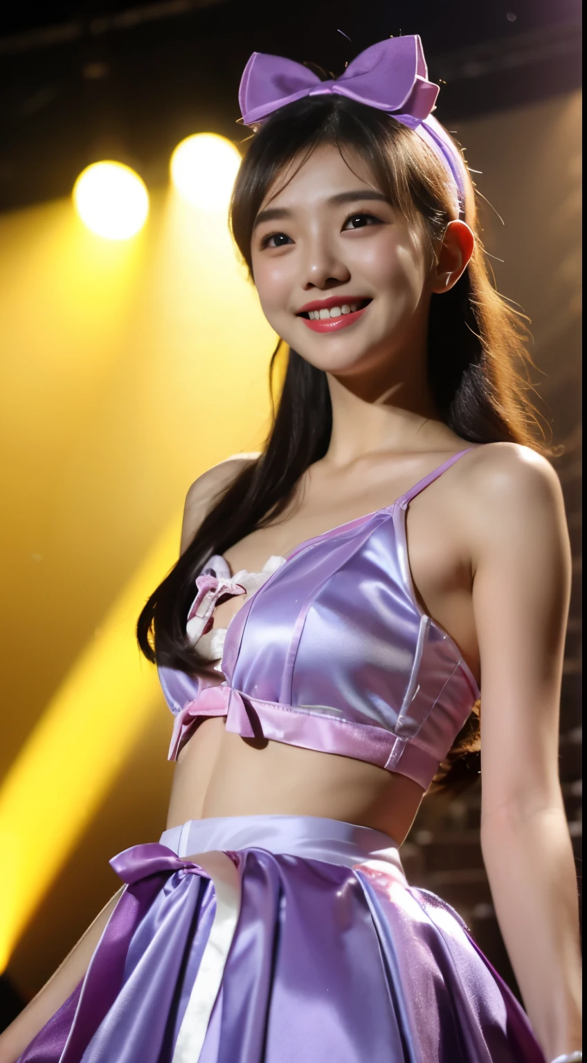 ((masterpiece、highest quality))、shape、Ultra detailed 8K、realistic、sharp focus、very detailed、professional lighting、colorful details、detailed face、detailed facial expressions、(close up of face)、Euphoric look、((smile))、((sweating))、((ta costumes:1.45))、pink and purple、ribbon、headband、super cute woman、Part of an idol group、(((dancing at a concert)))、Hair is moving、looking at the camera、Spotlight、18-year-old、shine、intricate details、Shitsumeka、1 A girl is in front of the audience.、belly button、
