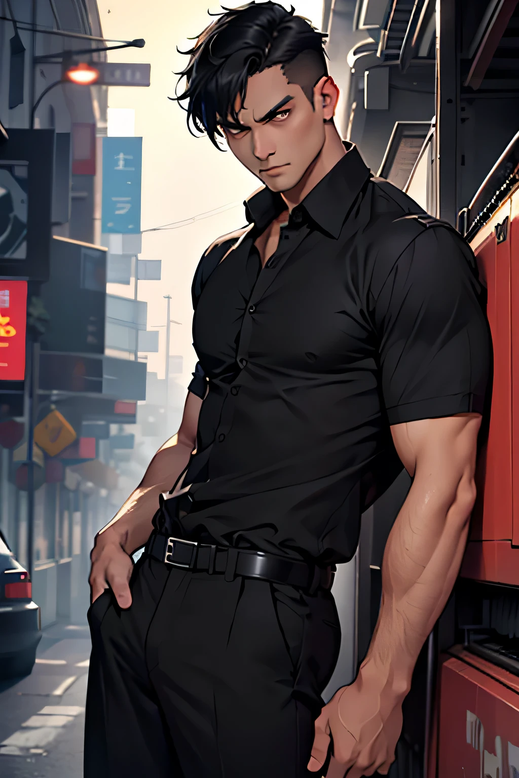 adult man with short black hair, serious expression, wearing black shirt and dress pants, hd details, defined eyes, ultra hd, high quality