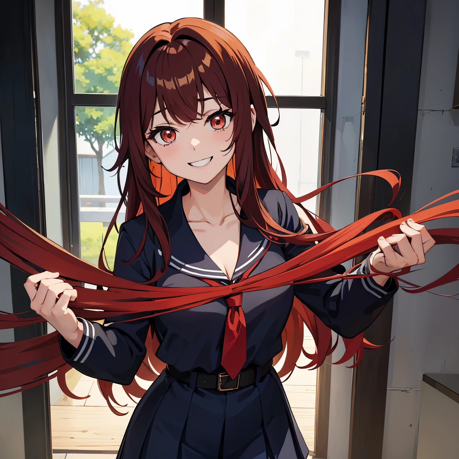 An anime girl drawn in the style of jujitsu kaisen. She’s wearing a school uniform and her hair is long and red. Her her is layered and she has curtain bangs. Her hair is slightly wavy. She’s smiling. Her skin is a light golden brown and her eyes are black. She’s quite pretty.