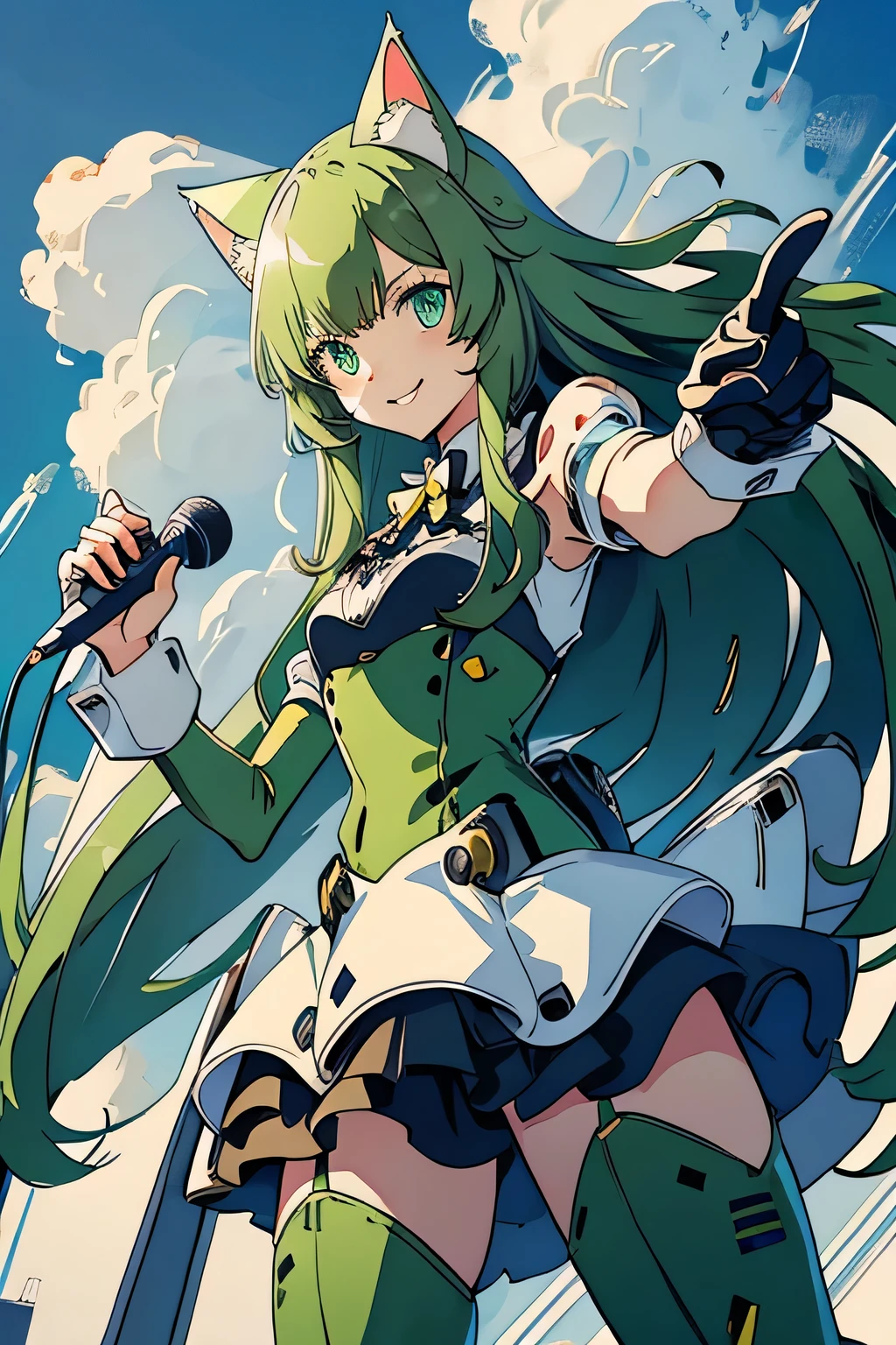 1 Cat-eared maid wearing a mecha suit, Slender fuselage,shining eyes, ((cool pointing pose)),((I have a karaoke microphone)),camouflage, green and white body,((cat ears long hair)),battlefield concept art ,ink art, flat color, high contrast, fashion absurdity, highest quality, negative space,Against the background of blue sky and white clouds,With a big smile,