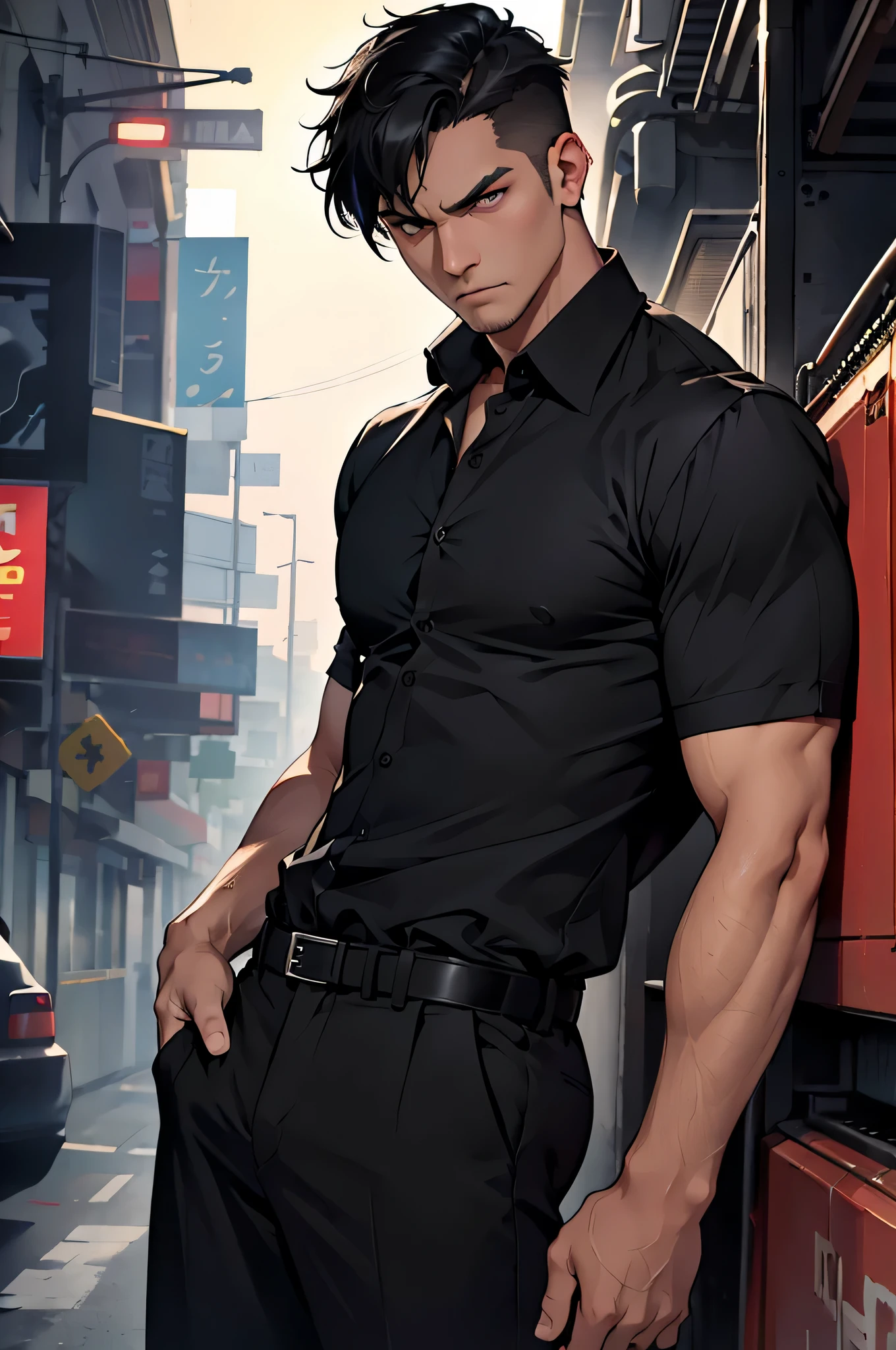 adult man with short black hair, serious expression, wearing black shirt and dress pants, hd details, defined eyes, ultra hd, high quality