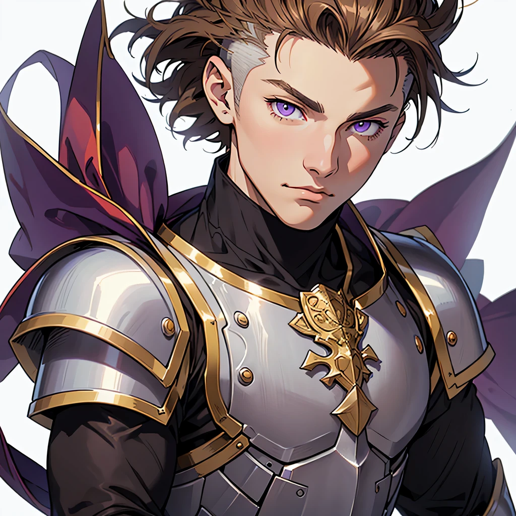 medieval anime art, masterpiece, best quality, by professional artist, male, solo, upper body portrait, detailed composition, detailed eyes, (((white background))), light brown hair, short undercut hair, puppy ears, purple eyes, young, wearing fantasy leather armor, skinny