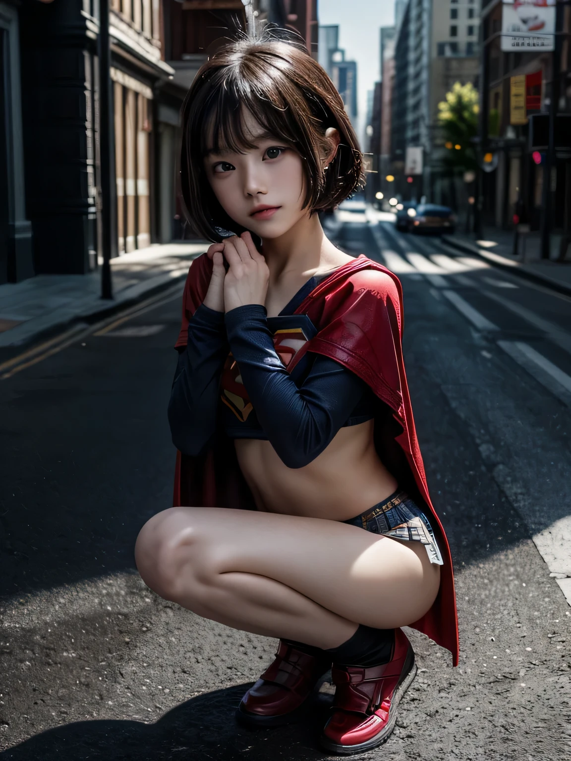 very young supergirl , Highly realistic depiction、masterpiece, highest quality, abstract, daytime cityscape、(honeycomb pattern), (creative:1.3), fantasy 00d、 black hair、bob cut with trimmed ends、flat chest、very thin crotch、lolicon、belly button、High-leg style、red cloak、pointed nipples、(((squat)))、The light that illuminates the crotch、put your hands behind your head、10 years old