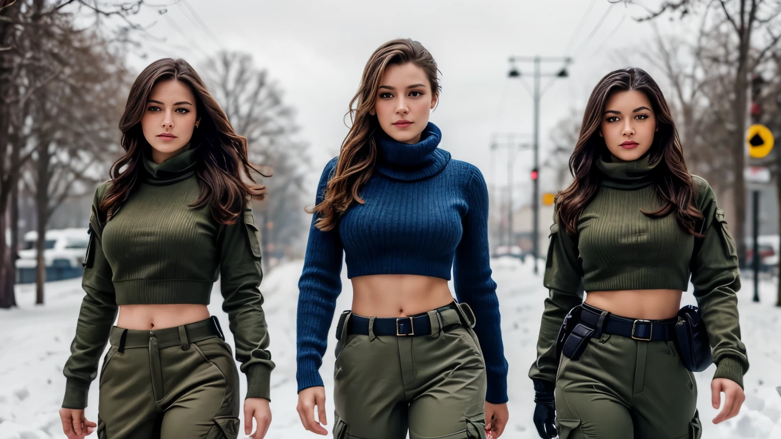 Beautiful army girls, Beautiful sexy usa girls, (Photorealistic), Beautiful lighting, Best Quality, Realistic, Full body portrait, real picture, Intricate details, depth of fields, 3 lesbians girls embracing , In a cold blizzard, Very sexual soldier girl with a haircut, Fatigue of the army wearing short top and army pant, (Magazine Pouch), (Kneepads), ighly detailed, Perfect face, Blue eyes, Lips, wide hips, Small waist, tall, make up, Tactic, FUJI XT3, Outdoors, bright day, Beautiful lighting, Raw photo, 8K UHD, Film grain, ((Bokeh)), hot, sexy, High quality
