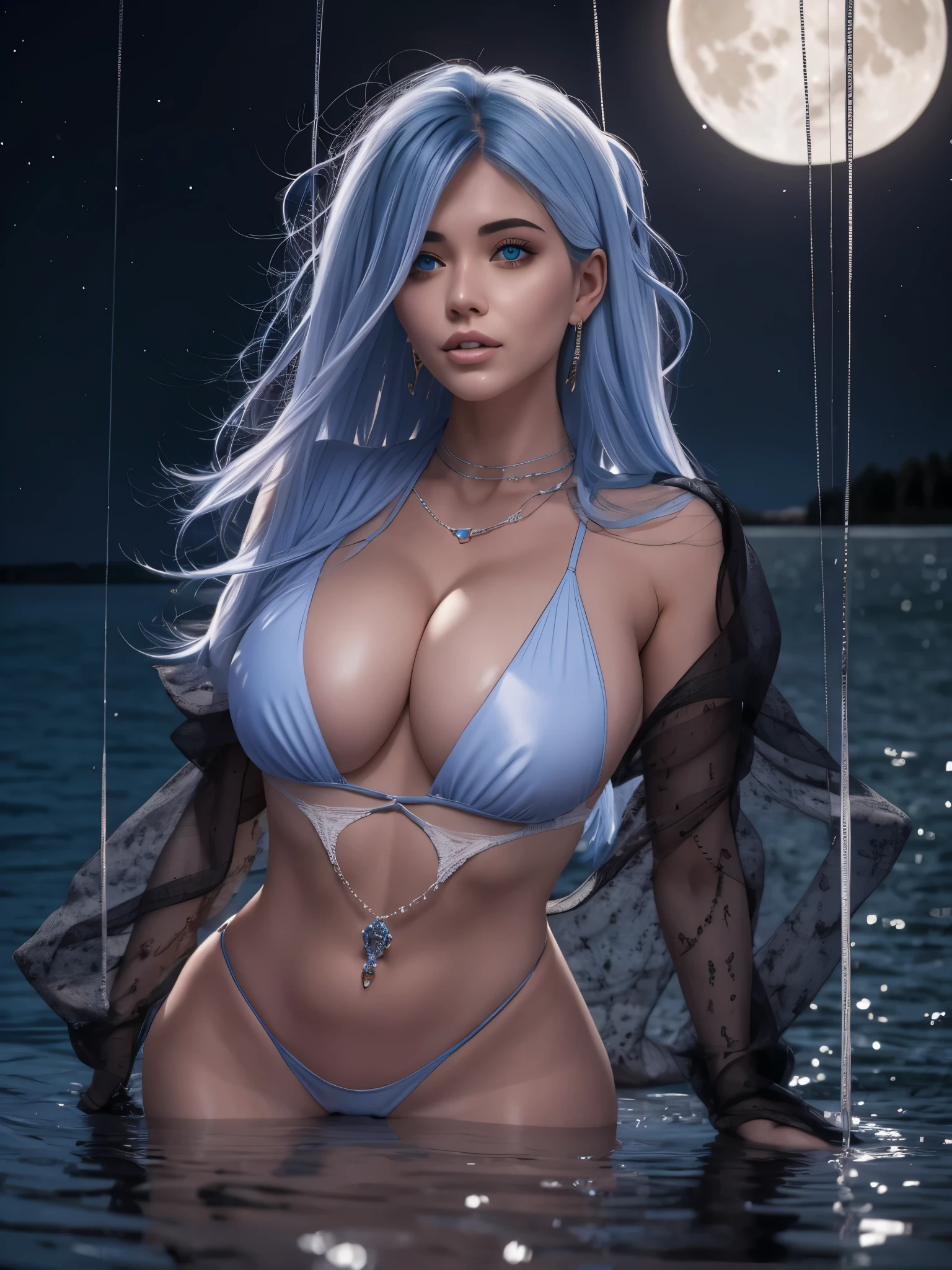 Masterpiece, RAW photo,photorealism,high resolution,best quality,high definition, perfect composition, perfect face, perfect body, 32K,映画的ライティング,1 girl, A woman with white skin, light blue hair, bright eyes, with perfect breasts and full hips, wearing a transparent and flowing micro bikini, chained to a pillar, on the edge of a lake under the full moon