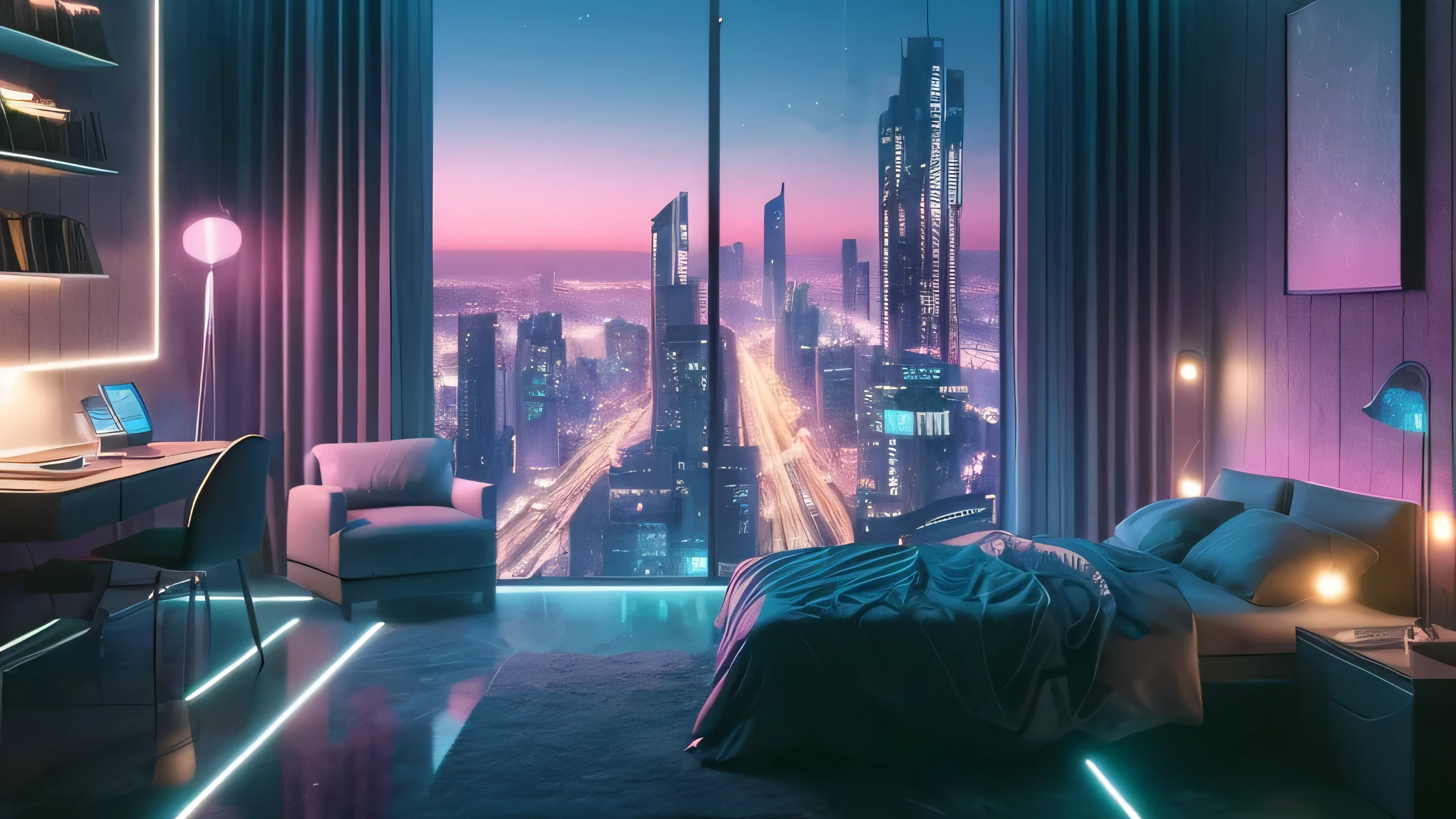 draw a study room with a view of a city at night, cyberpunk pastel bedroom at night, room that is comfortable for study, bioluminescence city, pastel-colored sky galaxy, the futuristic heavenly apartment, night time render, modern nocturnal background, dark room, dream like atmosphere 8k, dystopian city, big personal room background, penthouse, dimly lit room, UHD Photorealistic, luxury interior design, It has a marble wall, a couch and a book shelf on the left. It also has some plants to add some greenery and freshness.