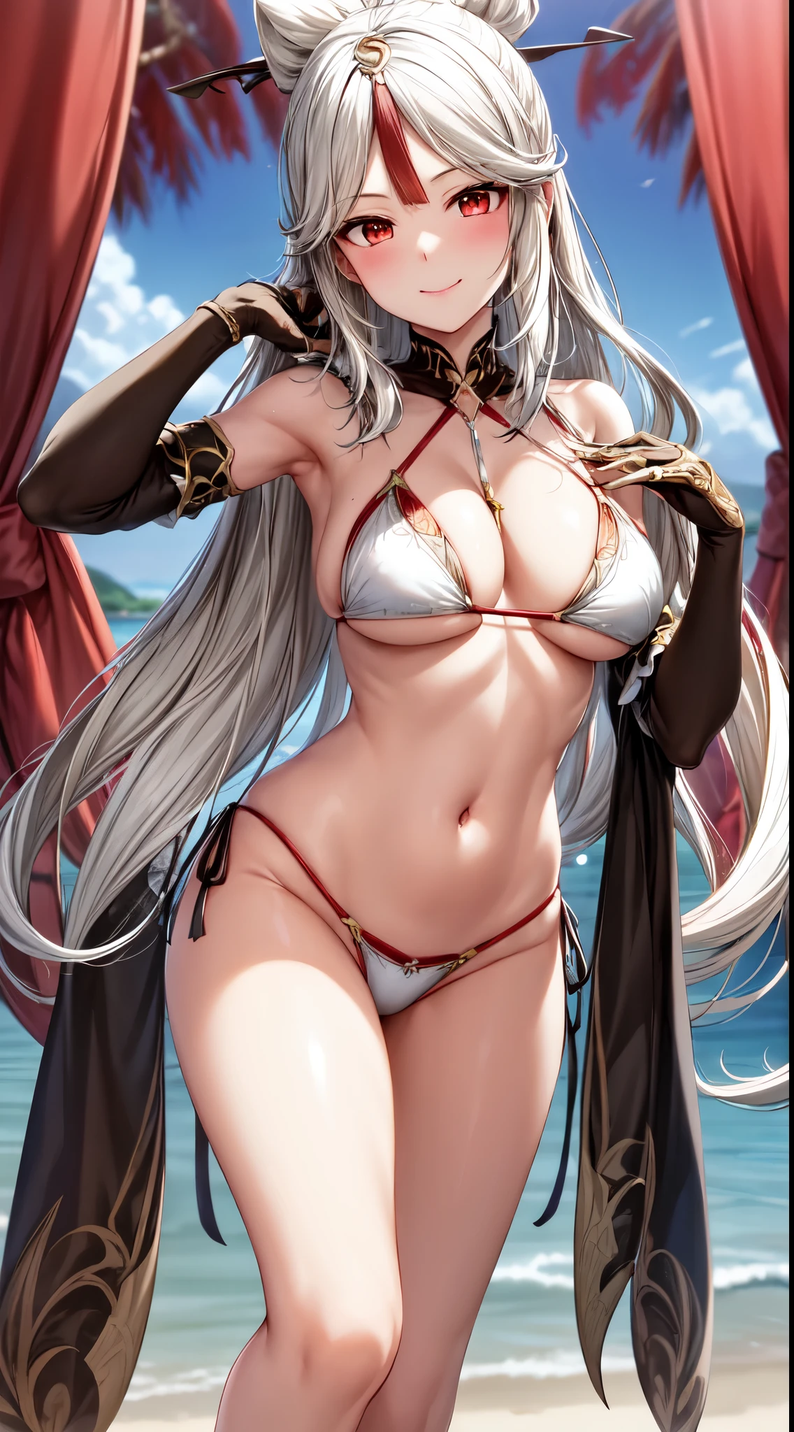 anime, beautiful face, highly detailed face, 2 accurate legs, perfect hands, red detailed eyes, highly detailed beach background, perfect lighting, best body lighting, 1girl, solo, ningguang, genshin impact, outdoors, (beautiful light white hair:1.2), absurdres, high res, ultrasharp, 8K, masterpiece, naked legs, looking at viewer with love, teasing smile, blushing, hair ornament, BREAK (detailed sexy beach bikini:1.2), all intricate lace, elegant pose, extremely close up, dynamic view