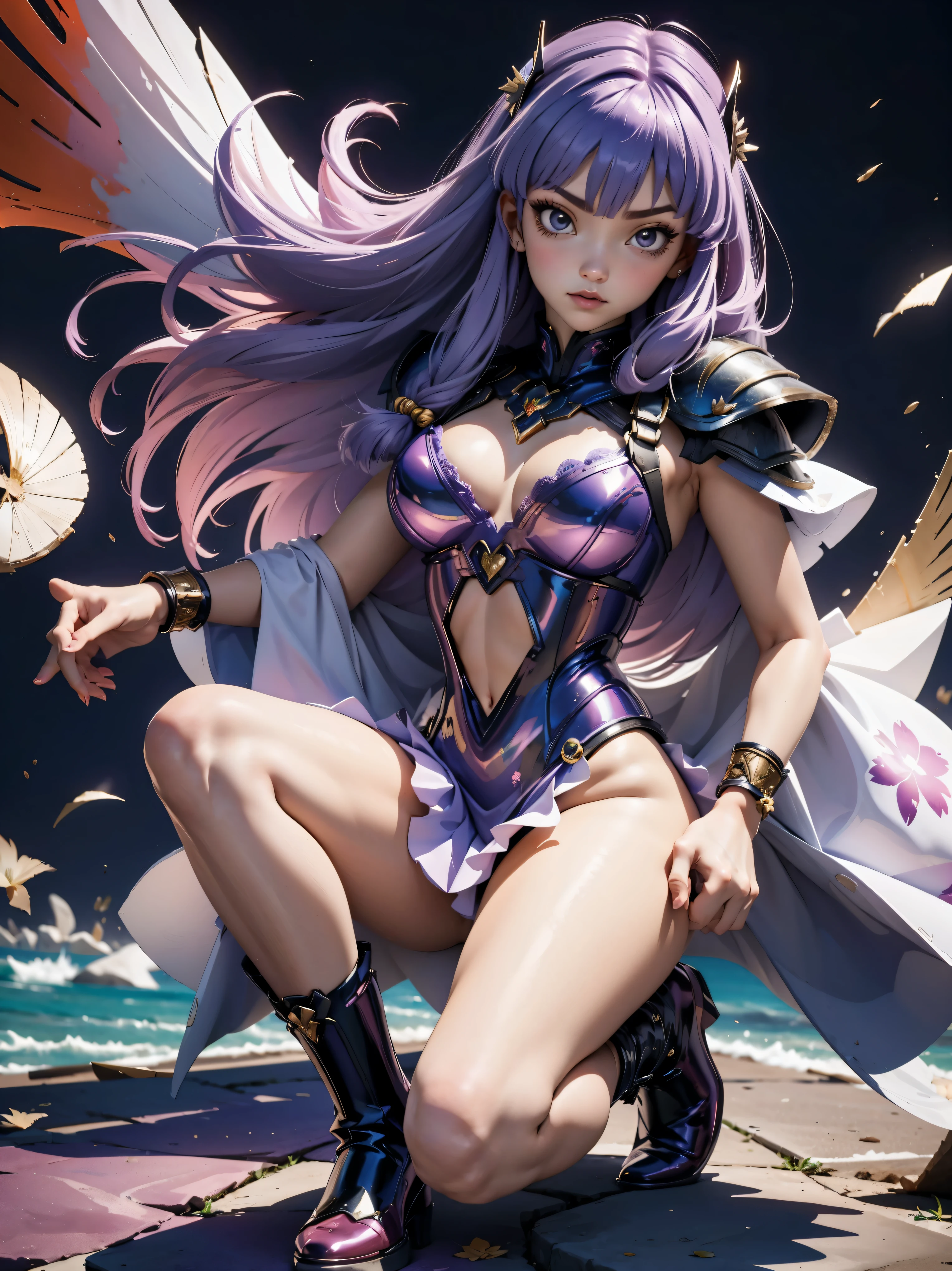 Purple hair anime girl with purple metallic armor, , corpo bonito, seios grandes, postura de luta, postura de combate, garota sexy, purple hair with braid, beautiful lighting, sombras suaves, olhos azuis, pernas bonitas, estilo anime, personagem shampoo, Autora Rumiko Takahashi, Baseado em obra de Rumiko Takahashi, Anime Ranma 1/ 2, decote sexy, quadril robusto, corpo inteiro, corpo completo, busto grande, garota jovem com corpo belo e bonito, garota 16 anosbaixa estatura, purple metallic armor dress, garota anime, estilo anime, red hair with braid, luz bonita, Gleaming metal armor, corpo completo, black boots on feet, purple hair, segurando espada nos ombros, 45º viewing angle